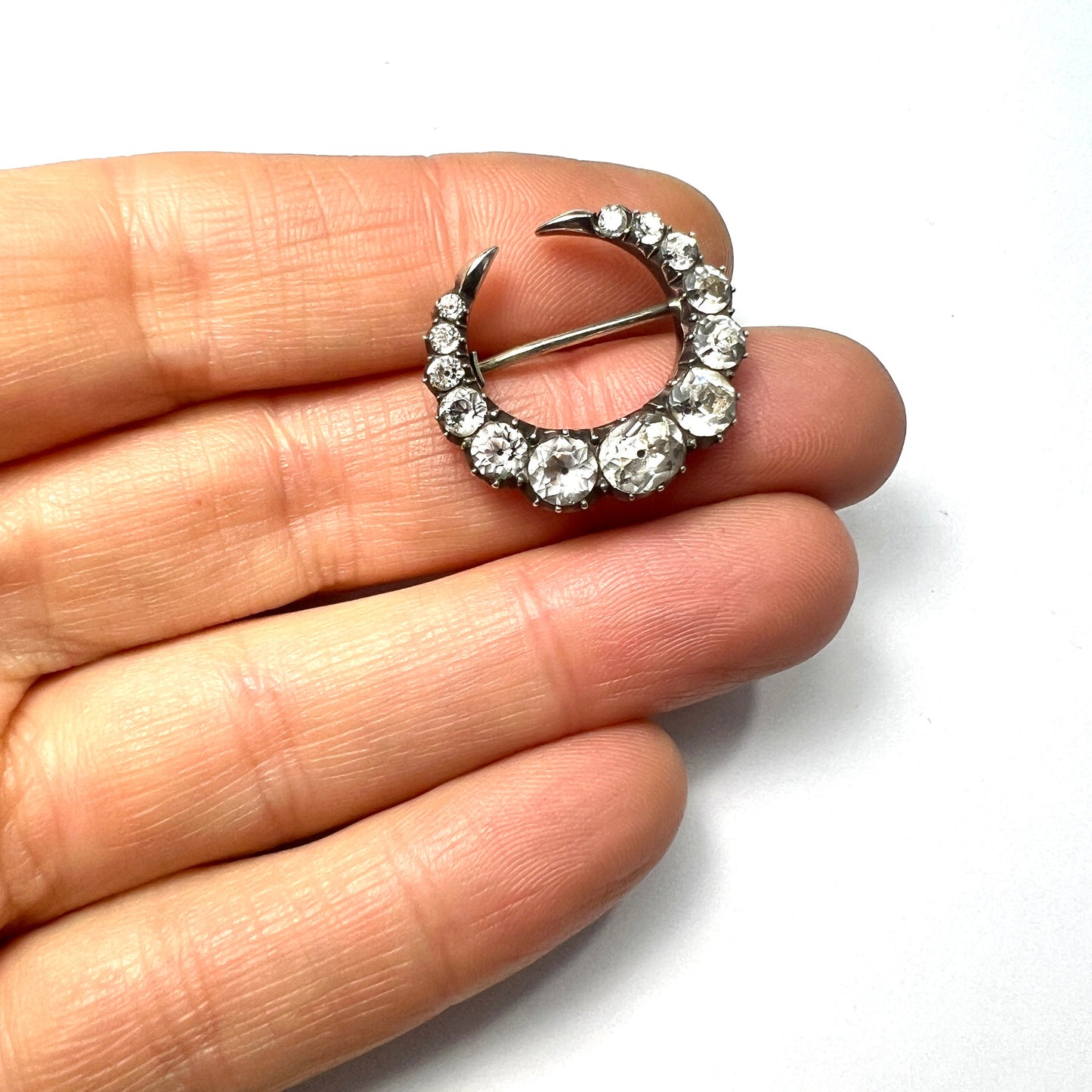 Georgian Silver Black Dot Paste Crescent Brooch
