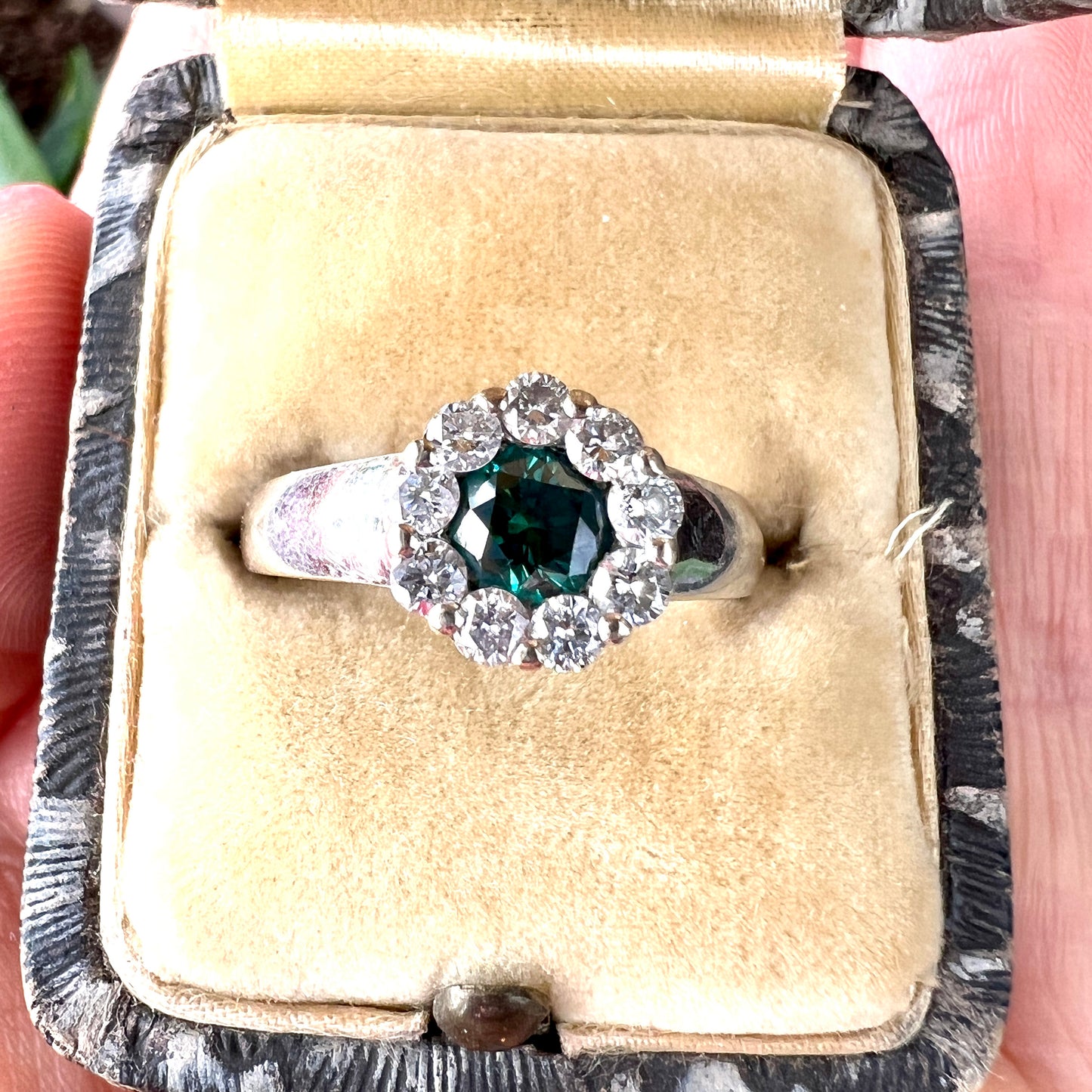 Vintage 18CT White Gold Fancy Blue and White Diamond Halo Ring