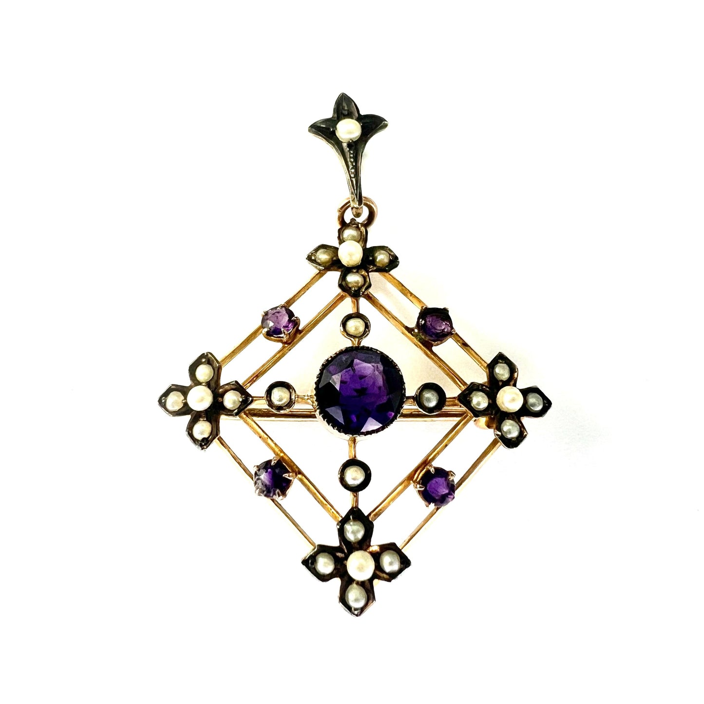 Edwardian 9CT Gold Amethyst Pearl Lavalier Pendant