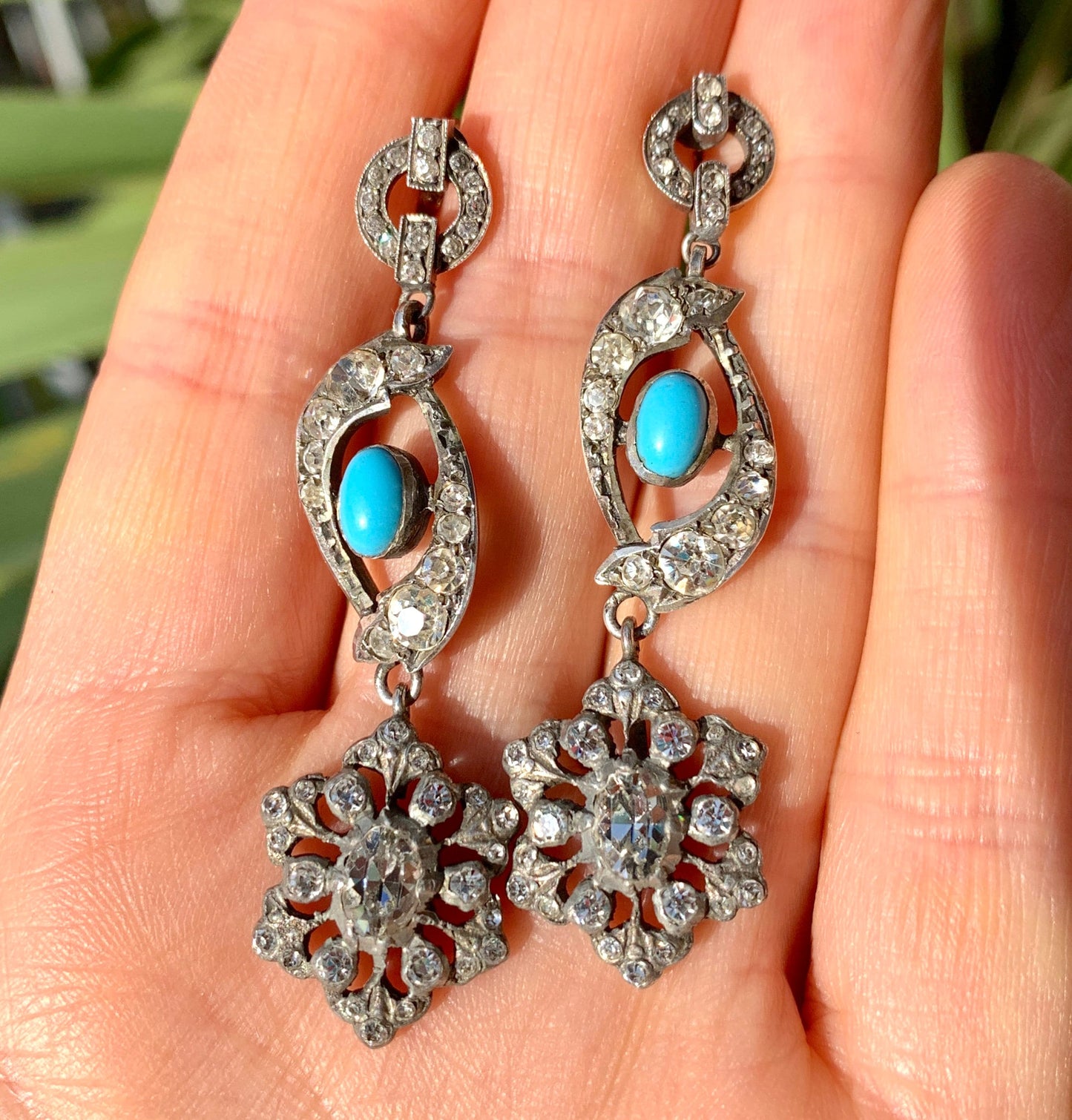 Victorian Silver Paste Turquoise Chandelier Earrings