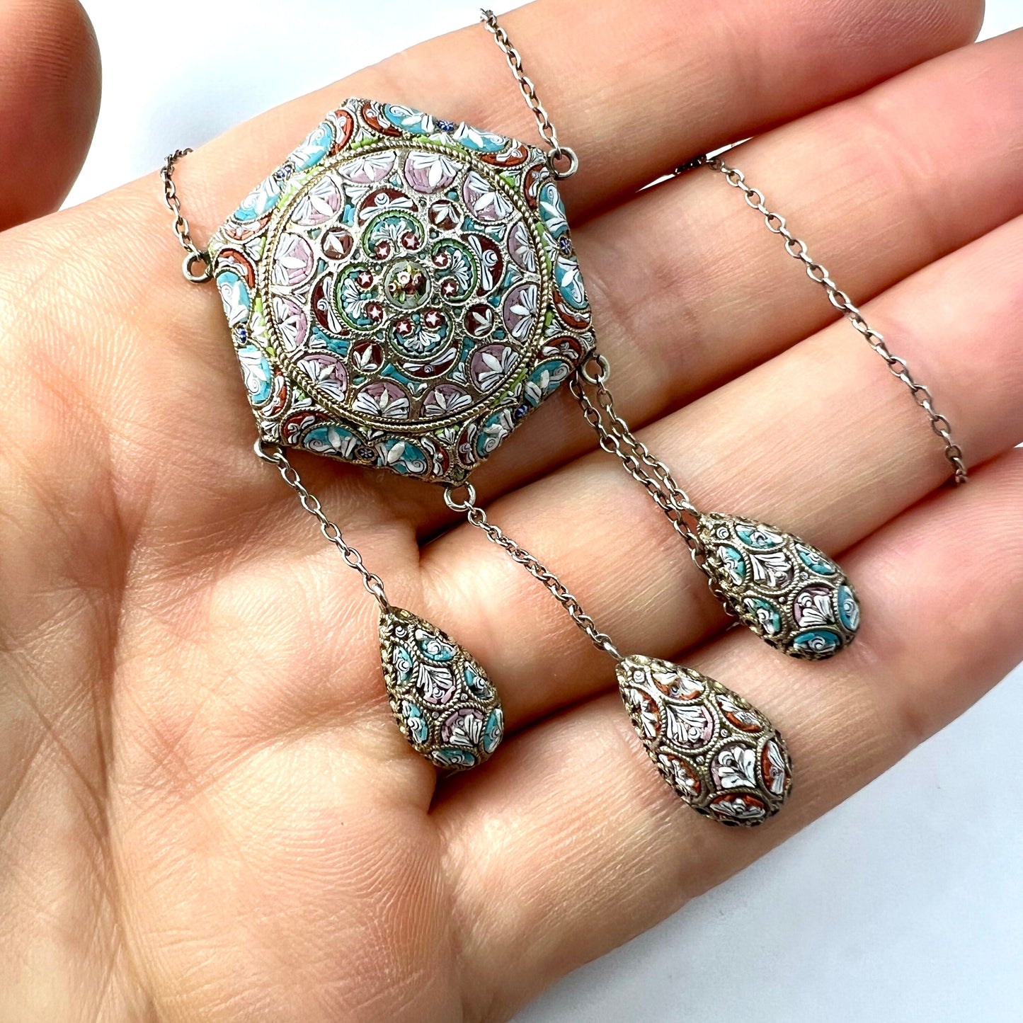 Victorian Italian Micro Mosaic Silver Girandole Necklace
