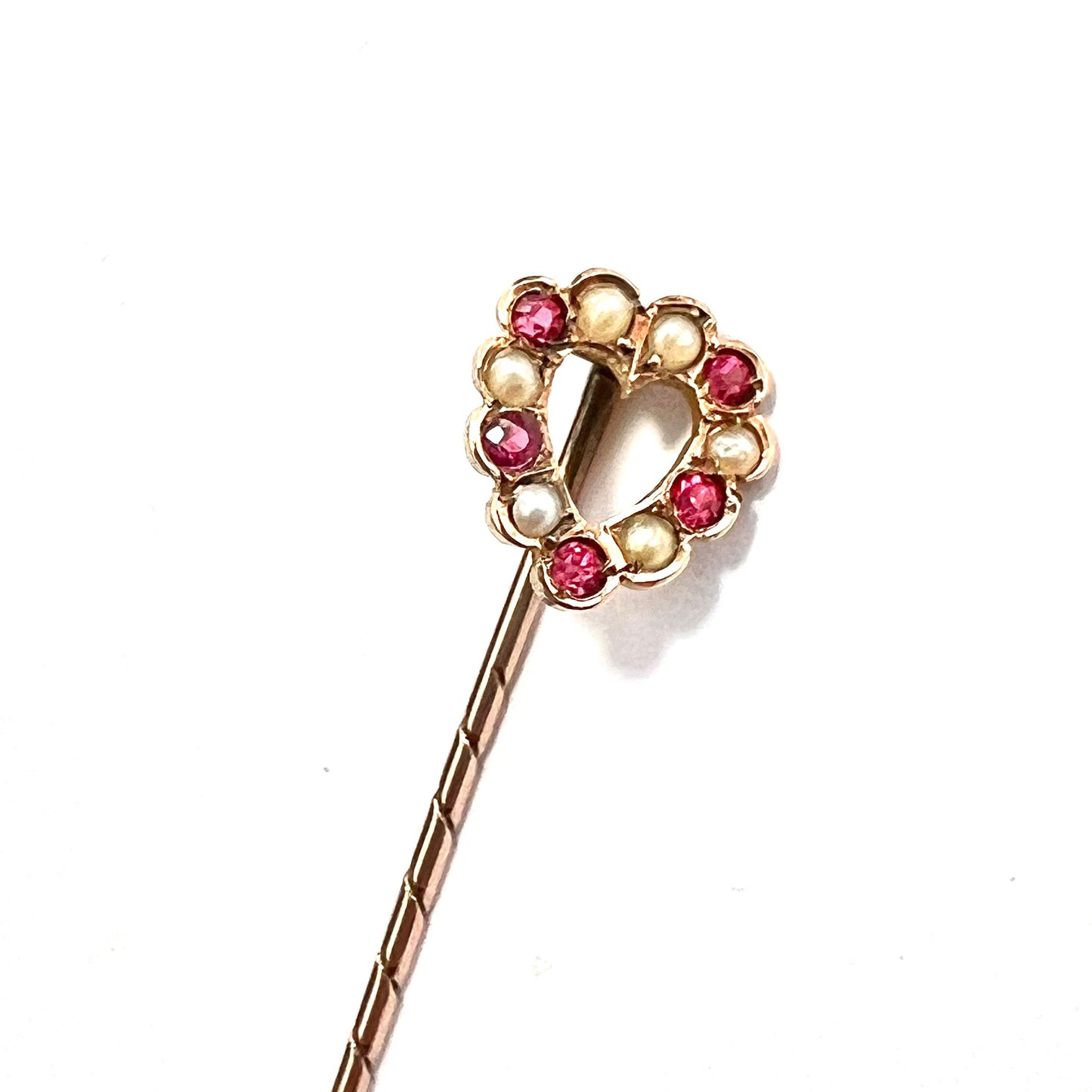 Boxed Edwardian 9CT Gold Paste Ruby Pearl Stick Pin