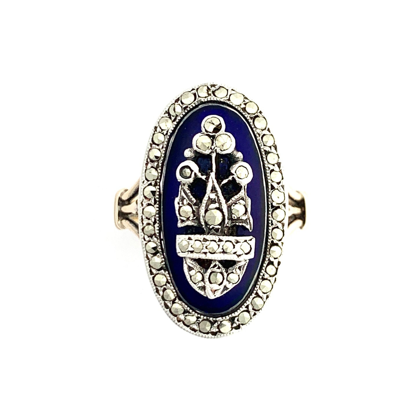 Victorian Blue Enamel Marcasite Gold and Silver Ring