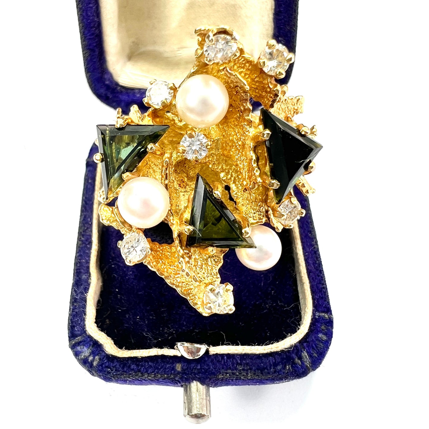 Huge Vintage 18CT Gold Diamond, Tourmaline and Pearl Modernist Cocktail Ring