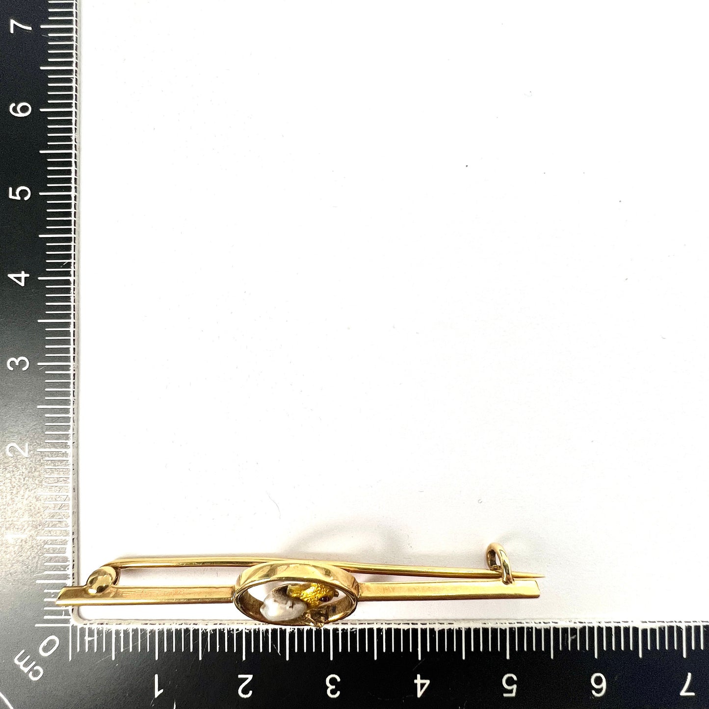 Edwardian Pearl, Garnet and Gold Enamel Chick Bar Brooch