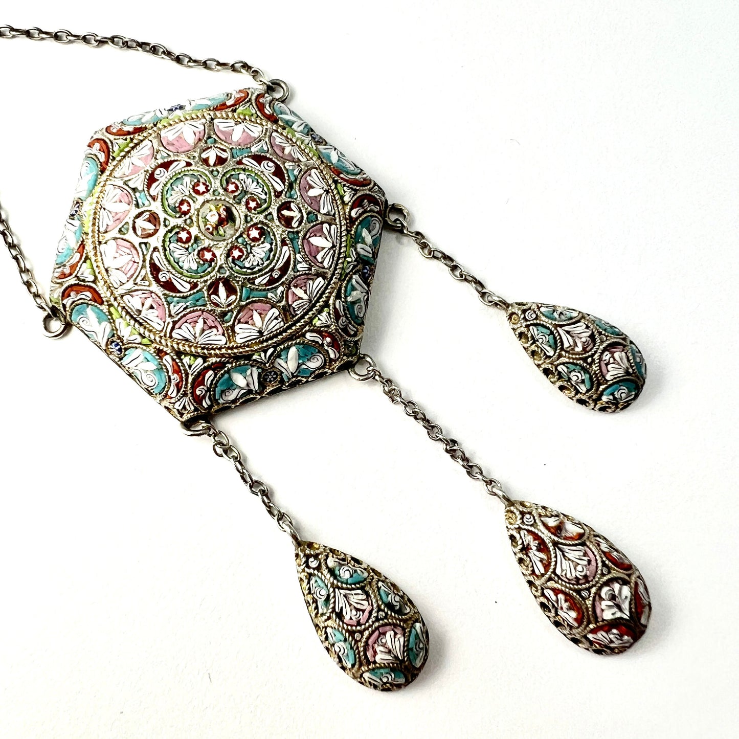 Victorian Italian Micro Mosaic Silver Girandole Necklace