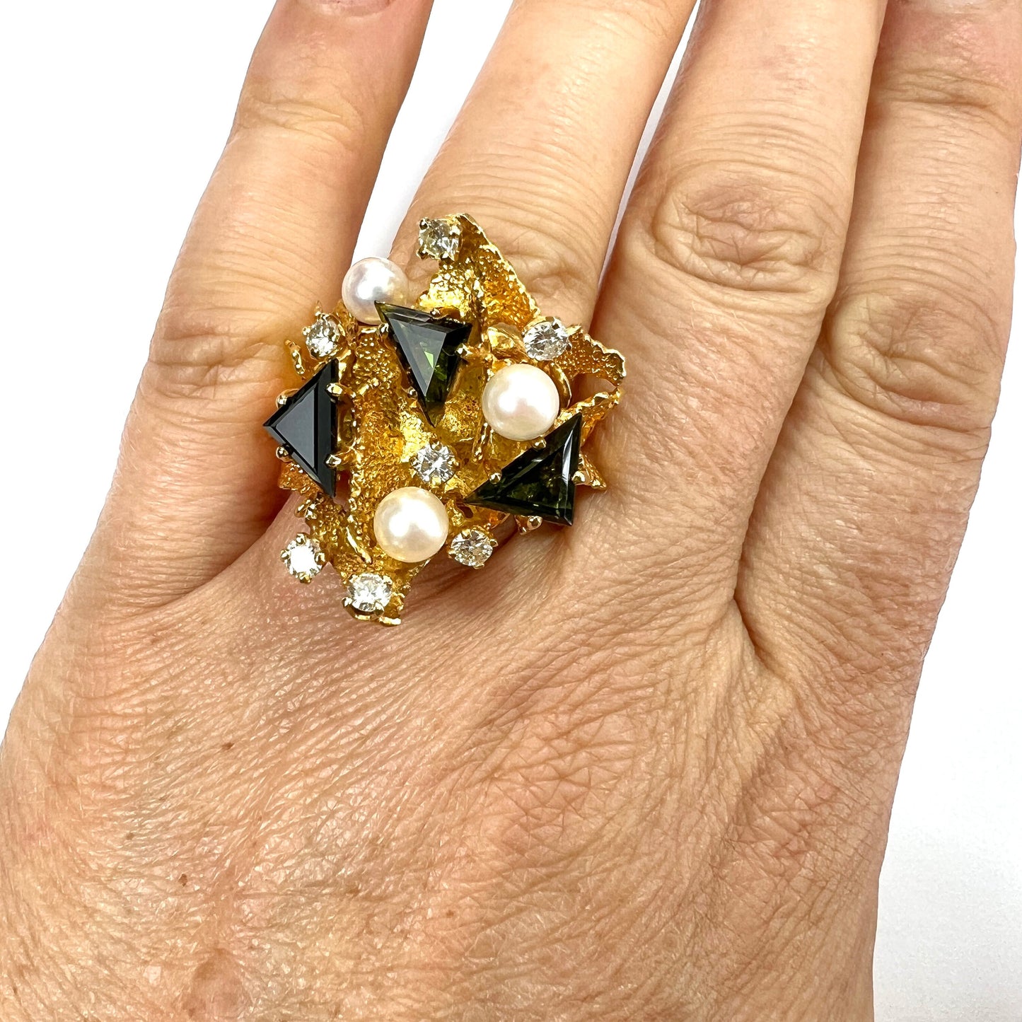 Huge Vintage 18CT Gold Diamond, Tourmaline and Pearl Modernist Cocktail Ring