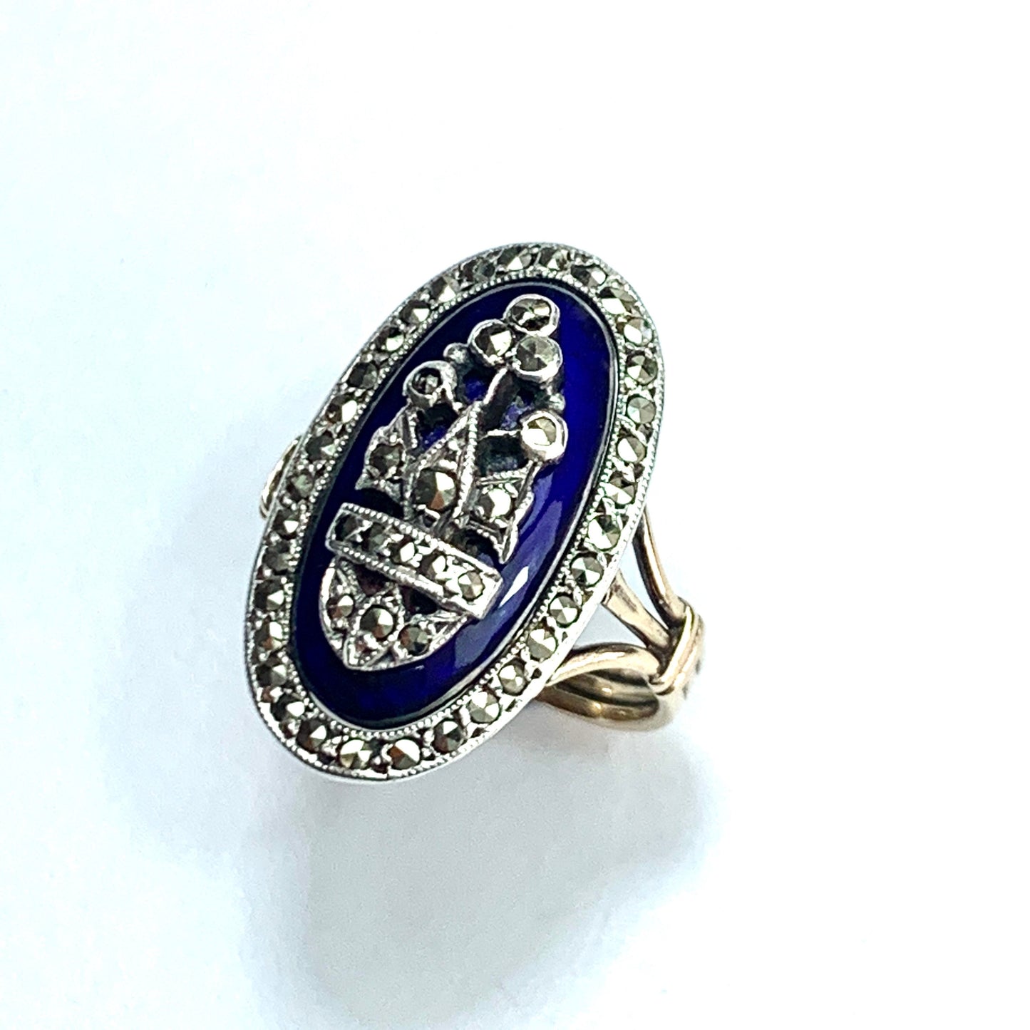 Victorian Blue Enamel Marcasite Gold and Silver Ring