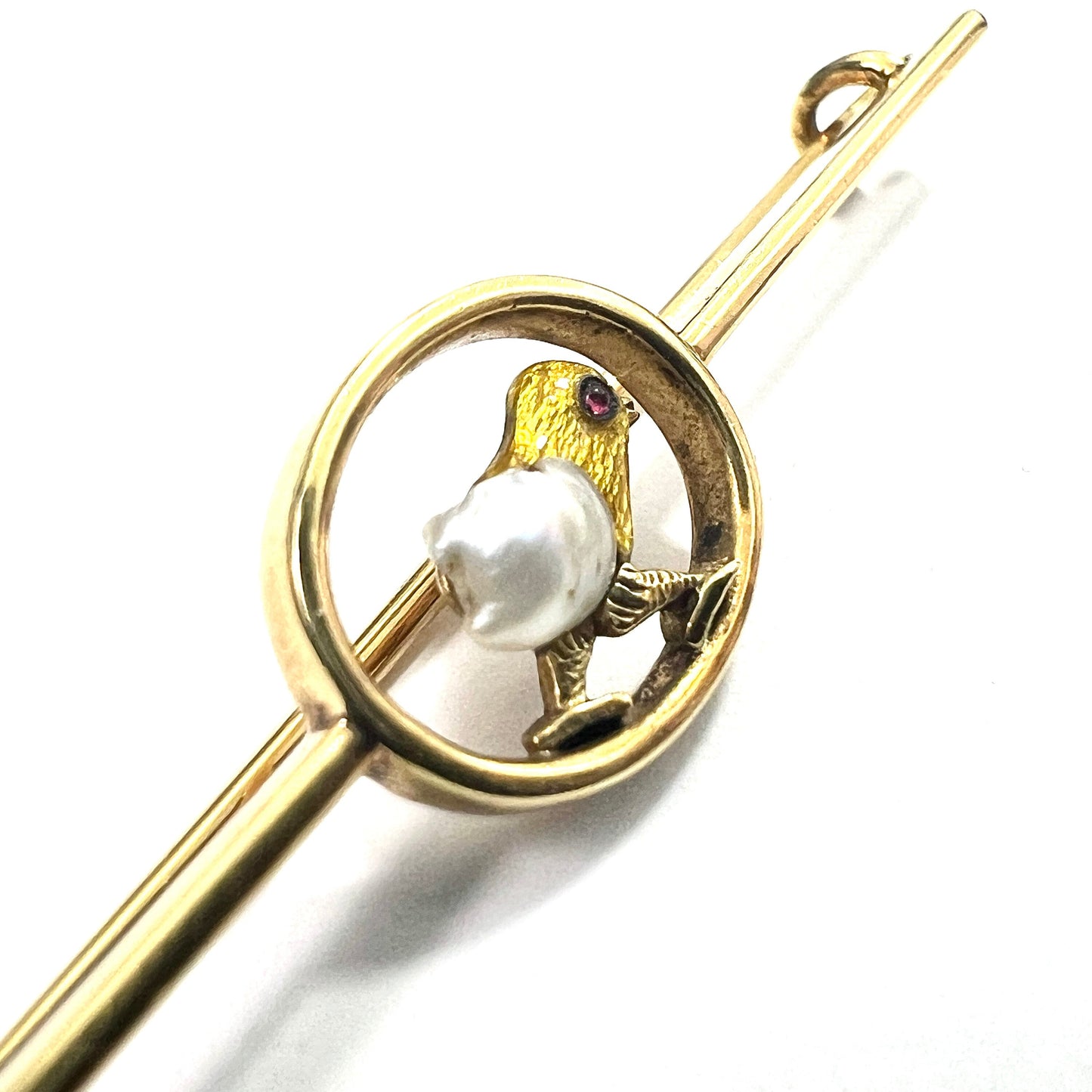 Edwardian Pearl, Garnet and Gold Enamel Chick Bar Brooch