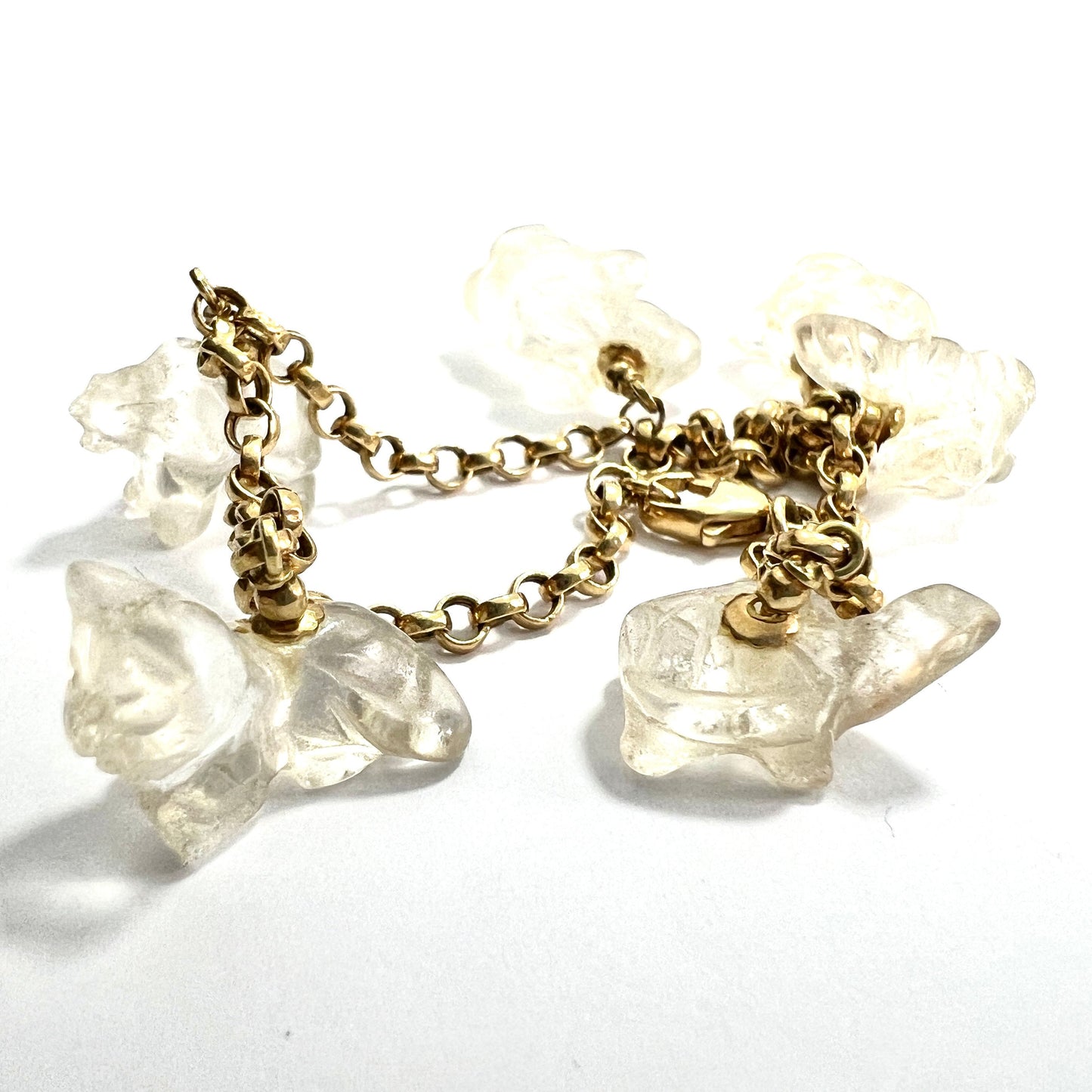 Rare Vintage 18CT Gold Rock Crystal Animal Charm Bracelet