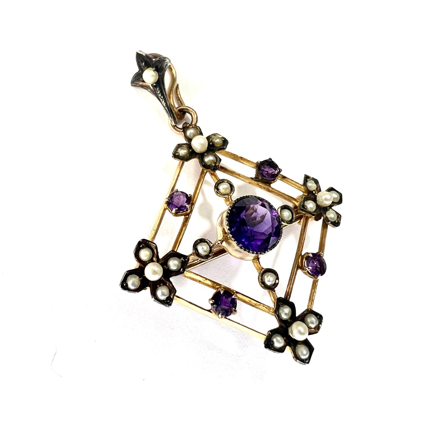 Edwardian 9CT Gold Amethyst Pearl Lavalier Pendant