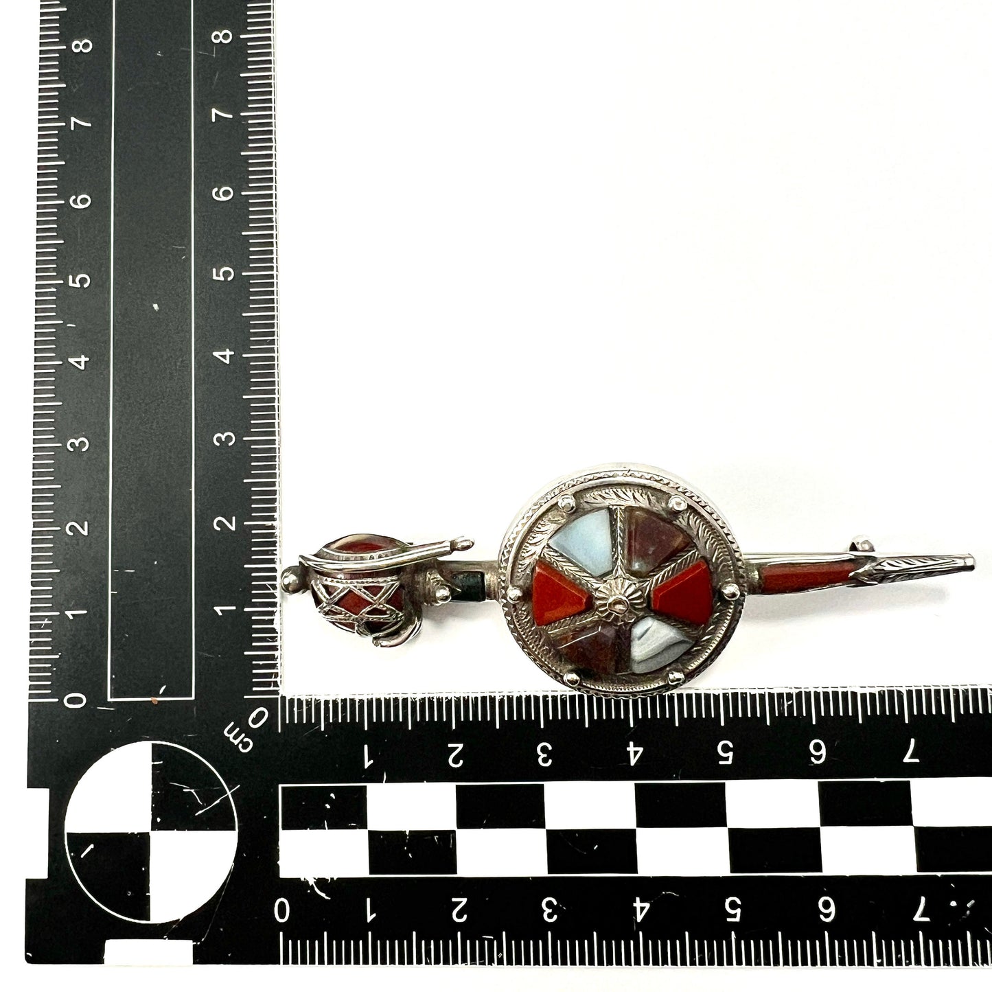 Large Victorian Scottish Agate Silver Sword and Shield Brooch