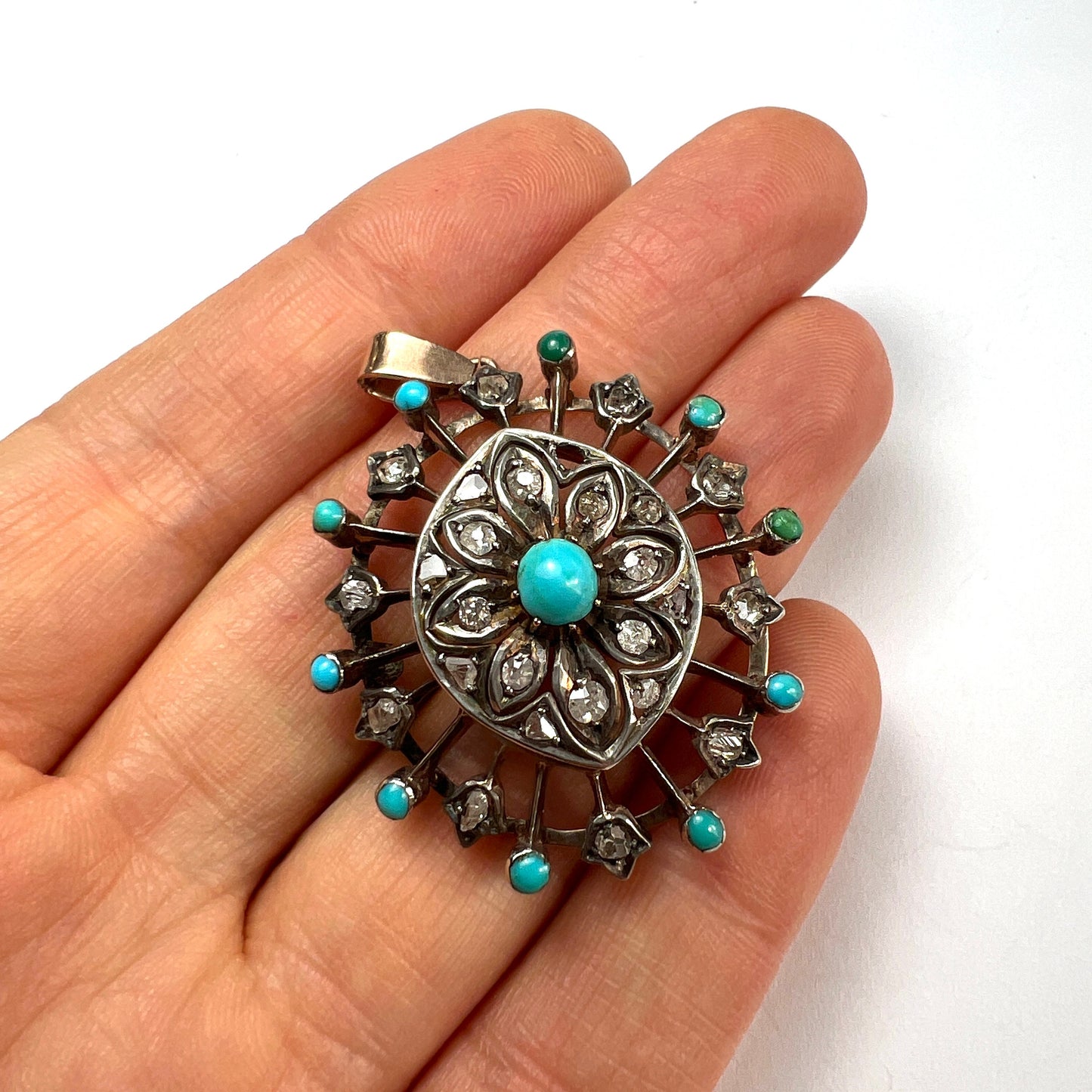 Antique Rose Cut Diamond Turquoise Gold and Silver Pendant