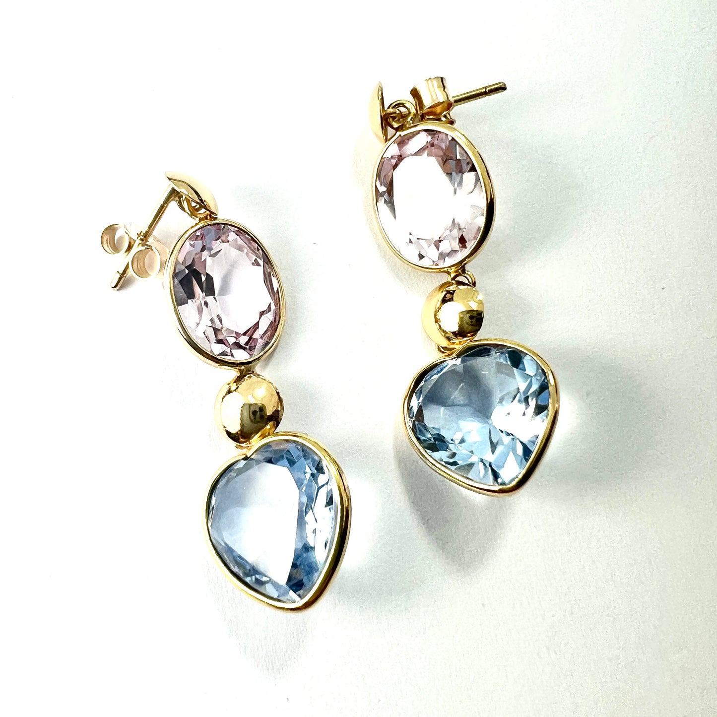 Vintage Pink and Blue Topaz 16CT Gold Heart Earrings