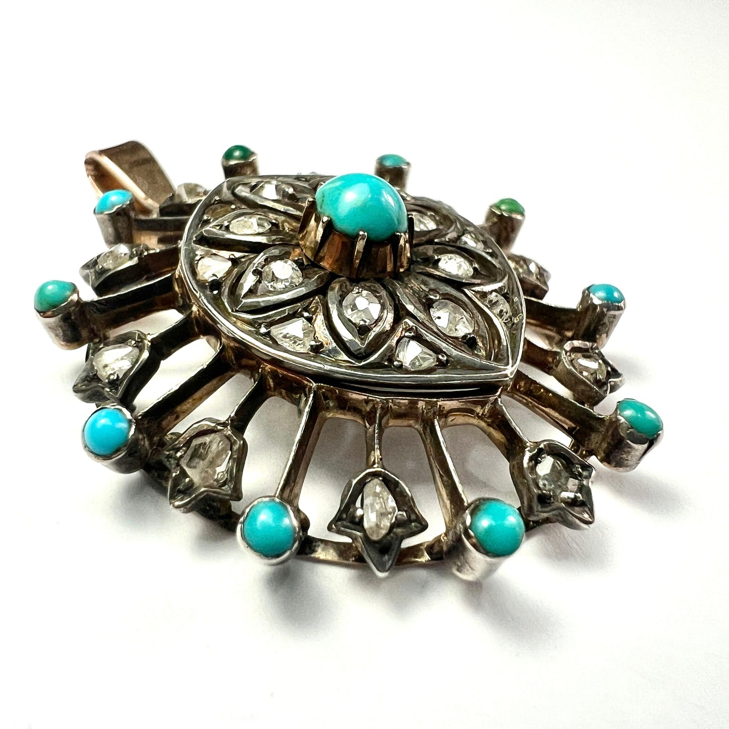 Antique Rose Cut Diamond Turquoise Gold and Silver Pendant