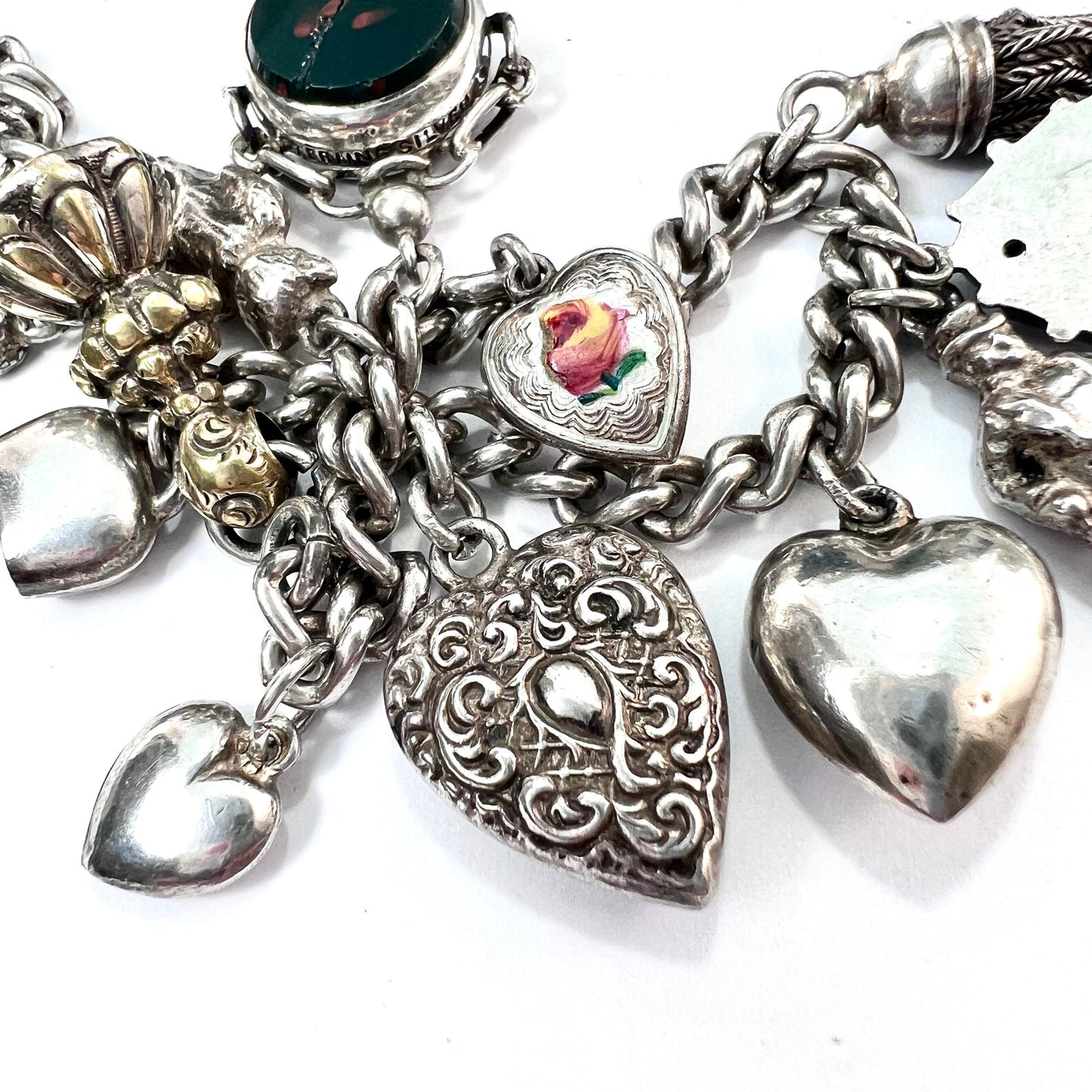 Victorian Silver Hearts and Fobs Charm Bracelet