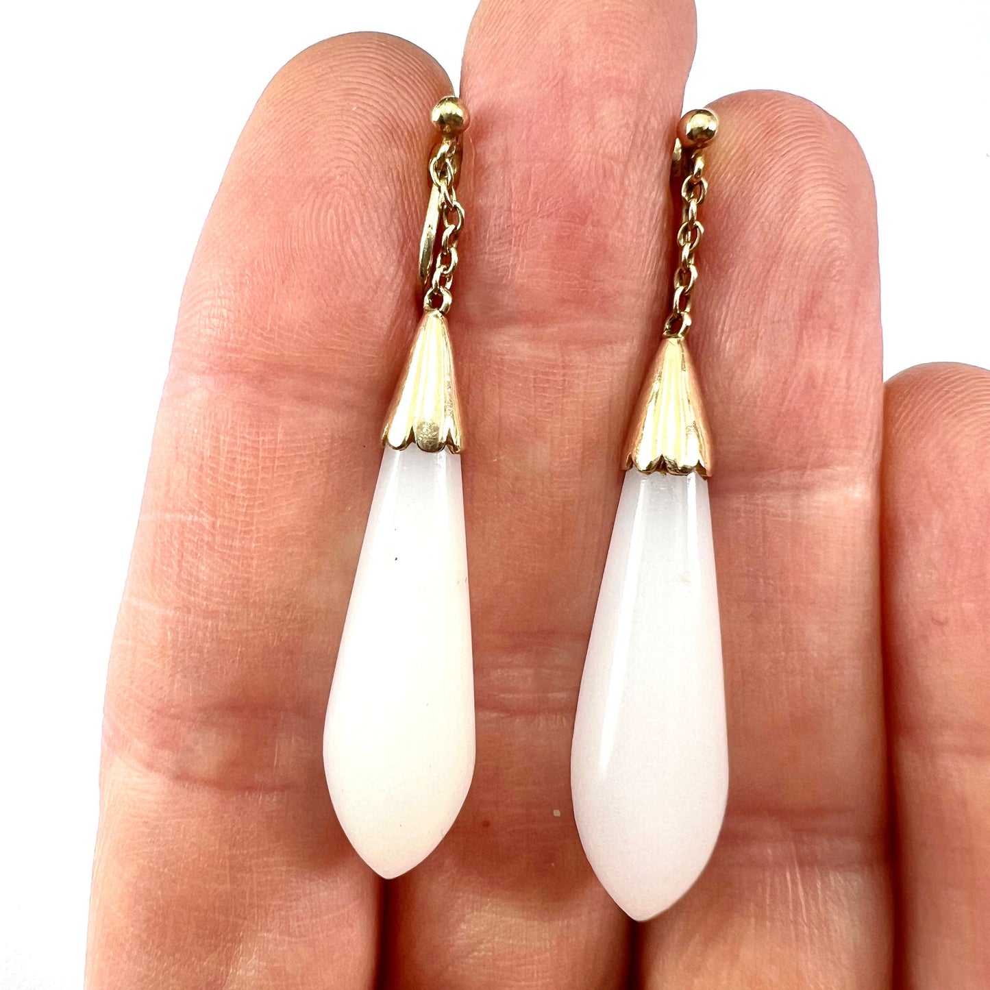 Antique 9CT Gold White Chalcedony Teardrop Earrings