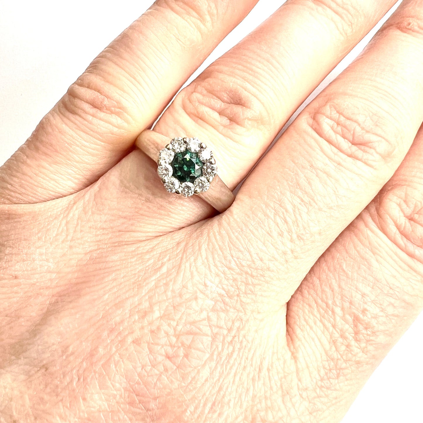 Vintage 18CT White Gold Fancy Blue and White Diamond Halo Ring