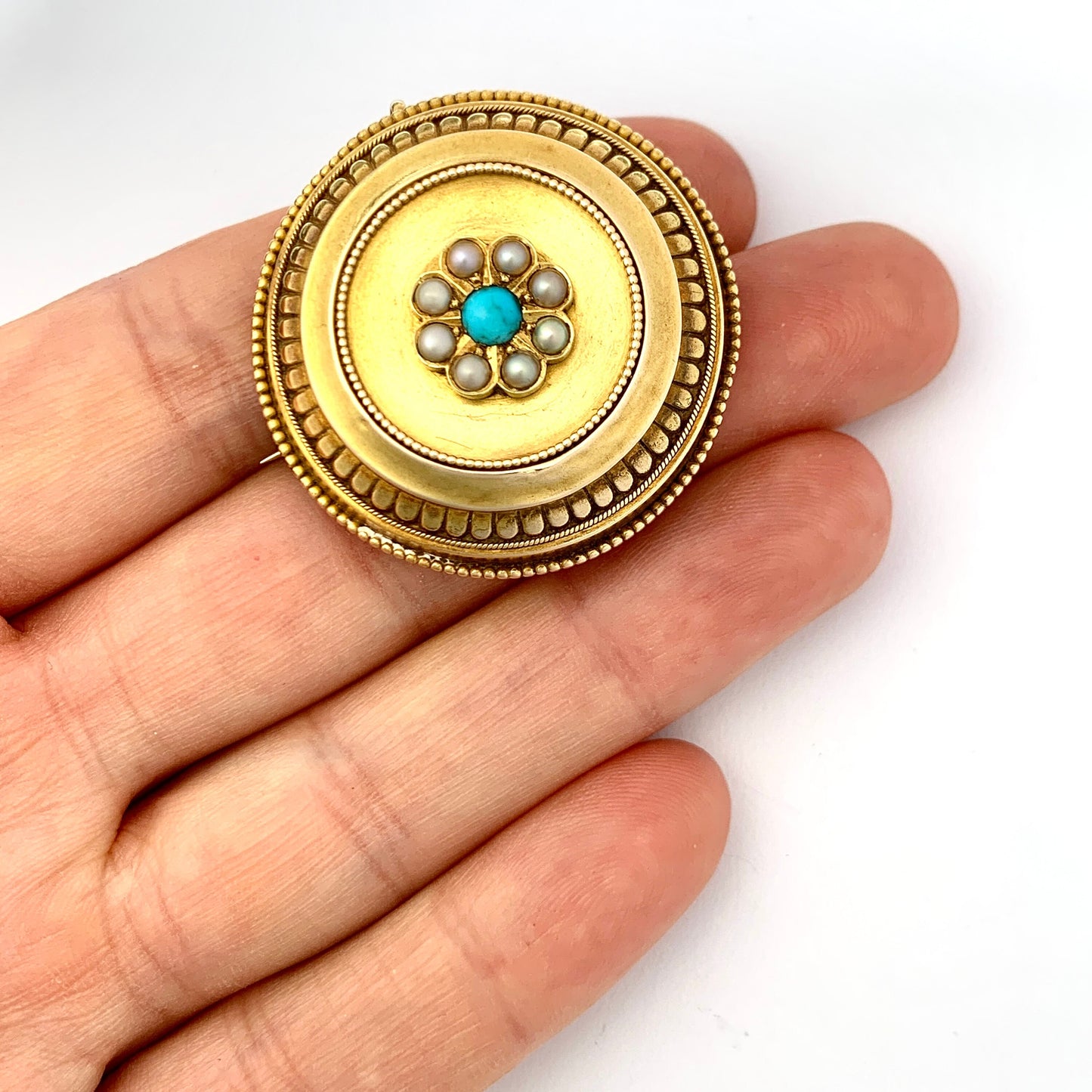 Victorian 15CT Gold Turquoise Pearl Locket Brooch Pendant