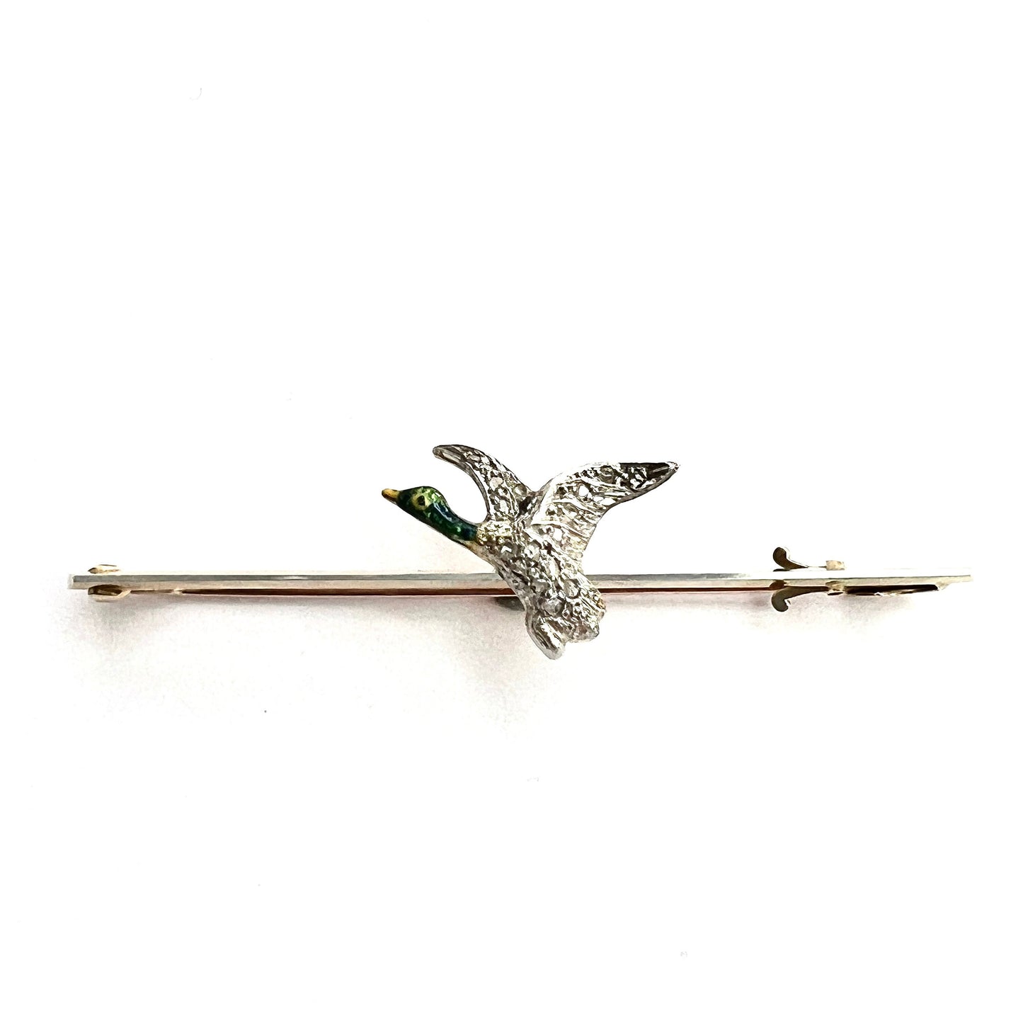 Edwardian Art Deco 15CT Gold Diamond and Platinum Flying Duck Brooch