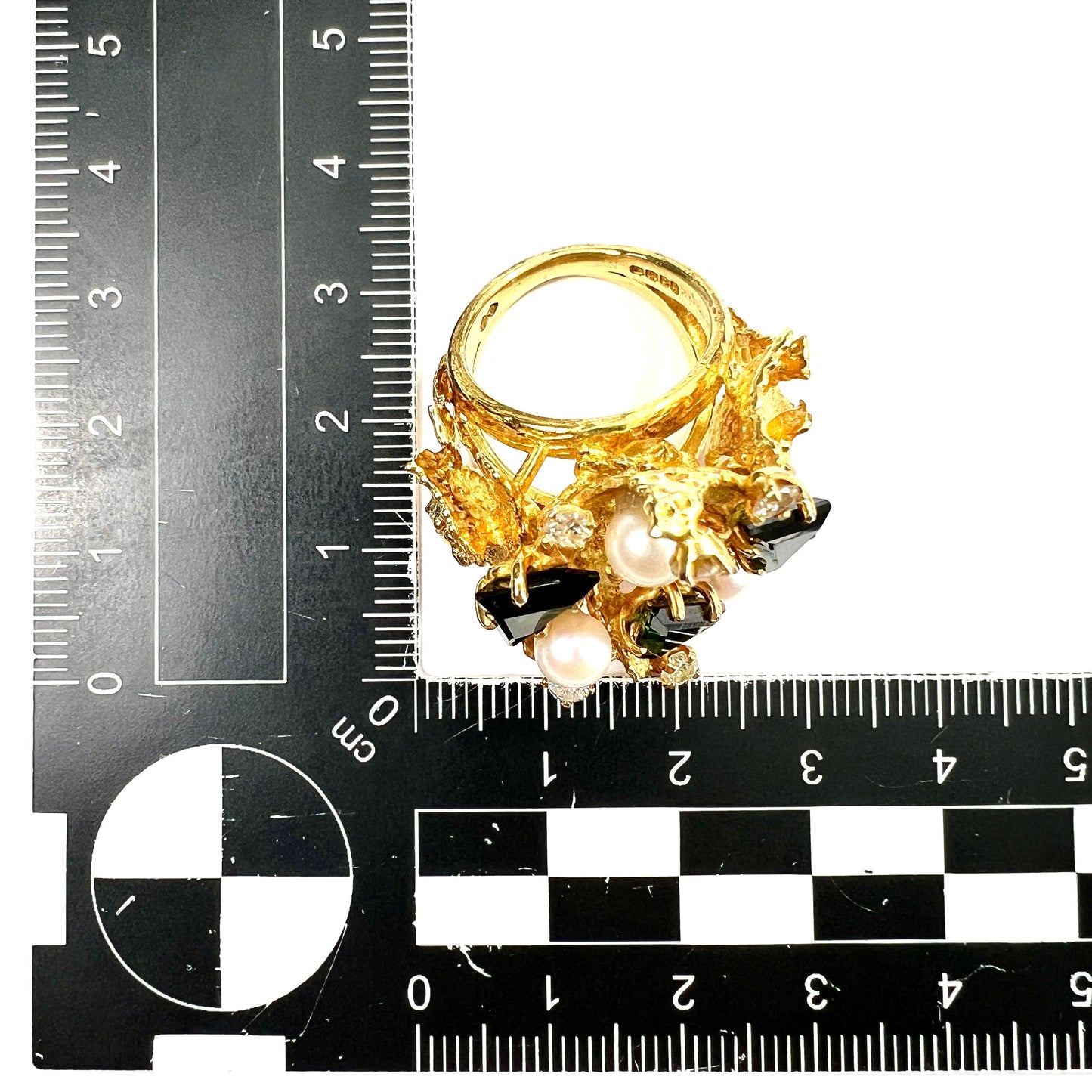 Huge Vintage 18CT Gold Diamond, Tourmaline and Pearl Modernist Cocktail Ring