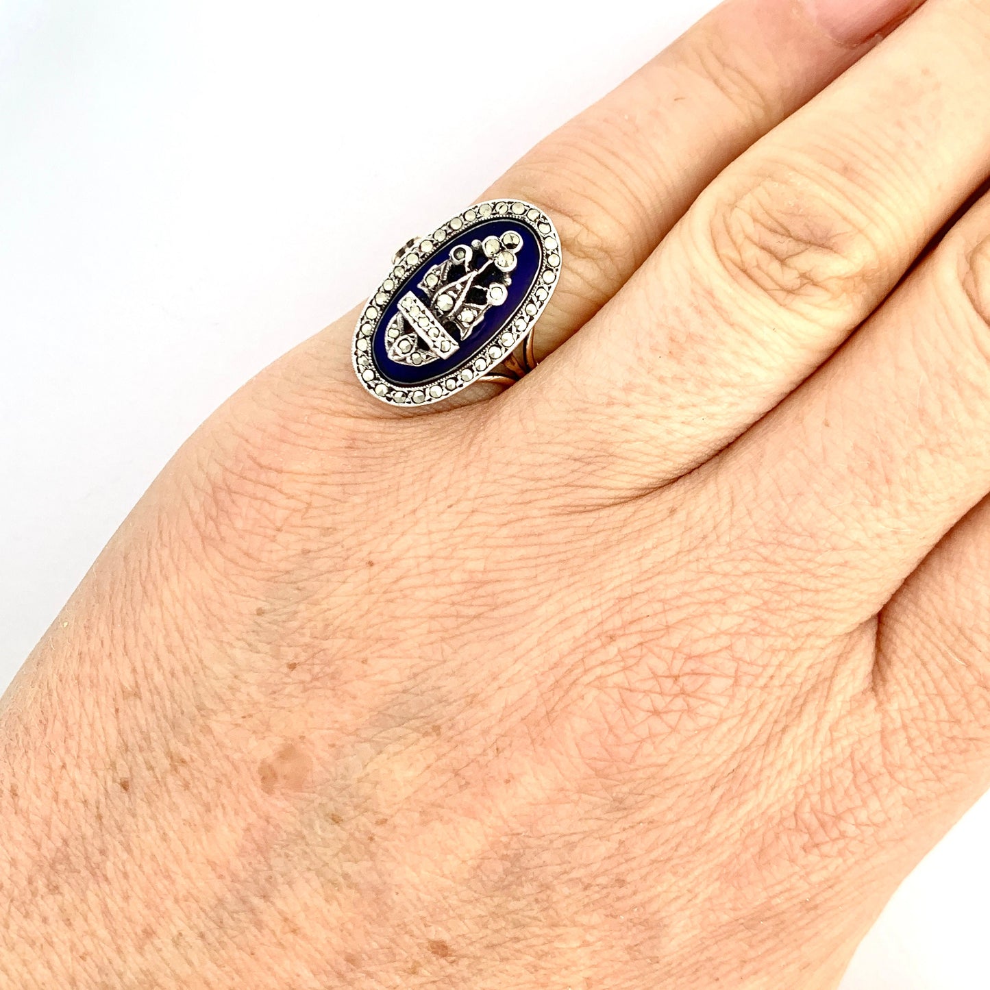 Victorian Blue Enamel Marcasite Gold and Silver Ring
