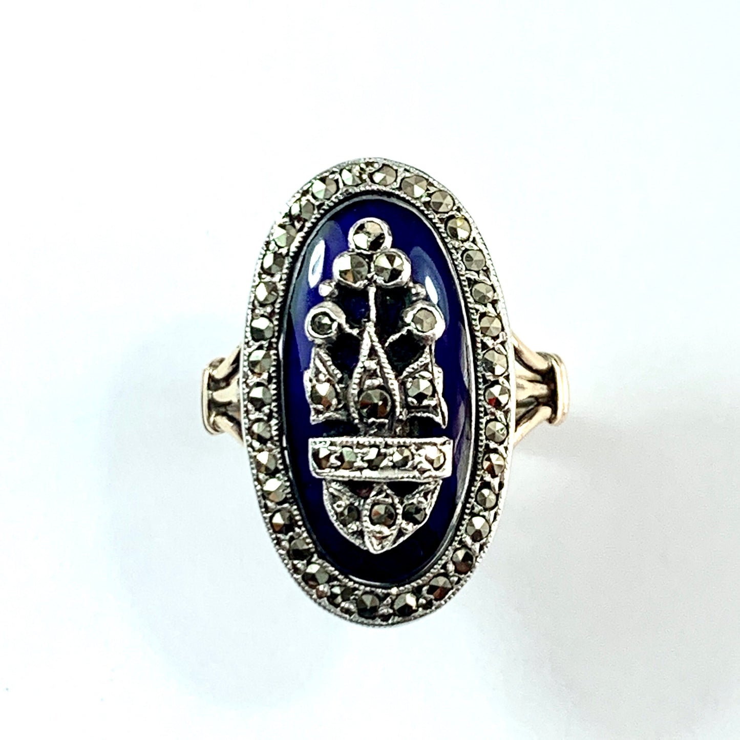 Victorian Blue Enamel Marcasite Gold and Silver Ring