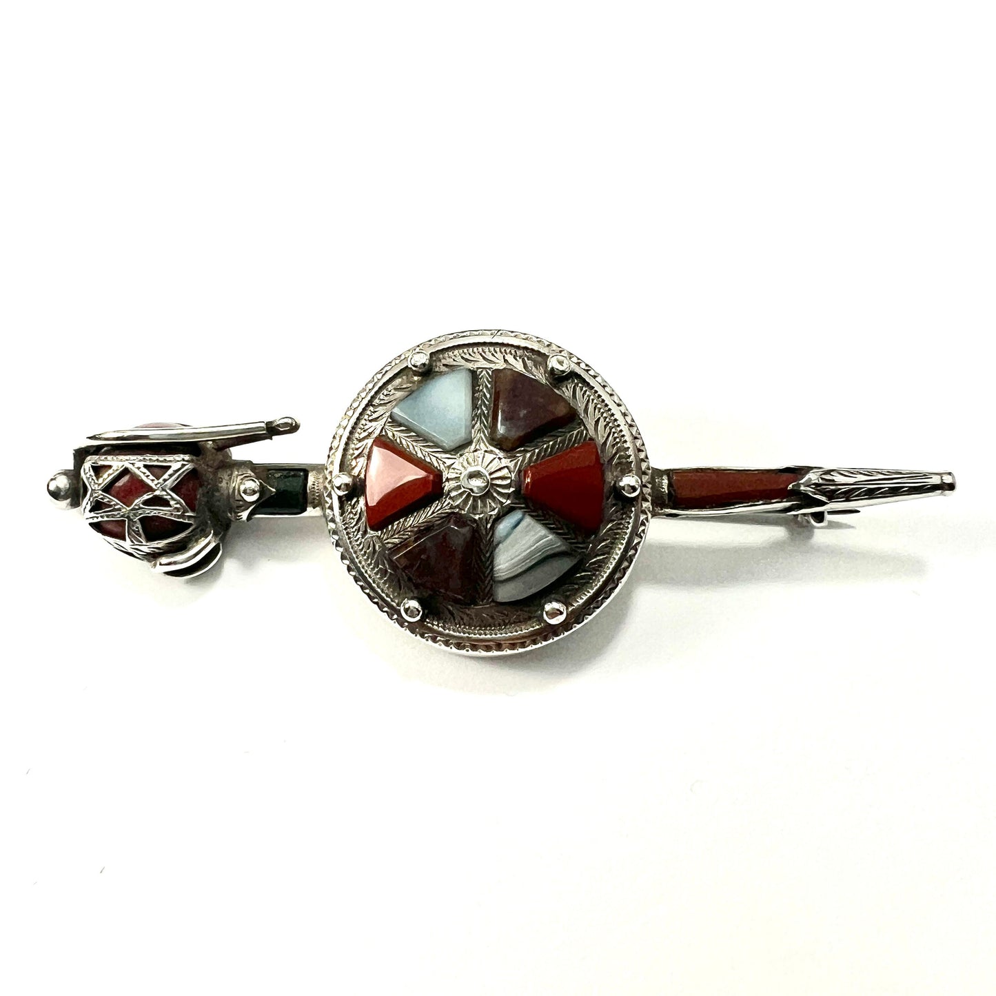 Large Victorian Scottish Agate Silver Sword and Shield Brooch