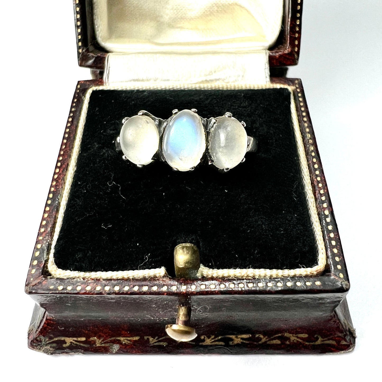 Edwardian Moonstone Three Stone Silver Ring