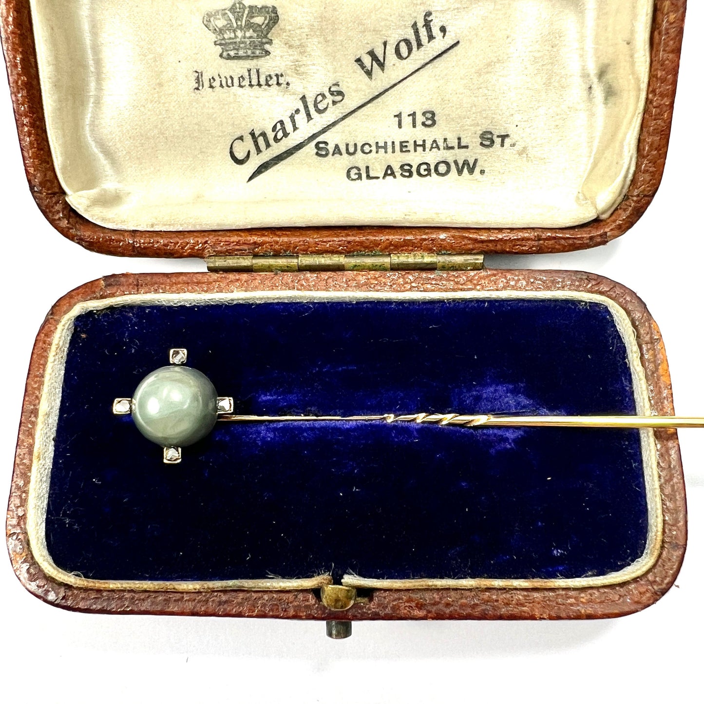 Victorian 9CT Gold Rose Cut Diamond Green Stone Stick Pin