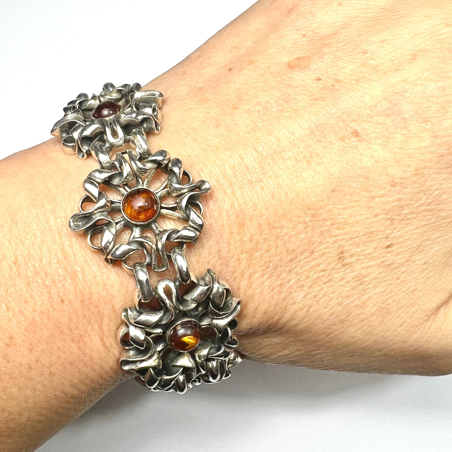 Vintage Modernist Silver Amber Bracelet