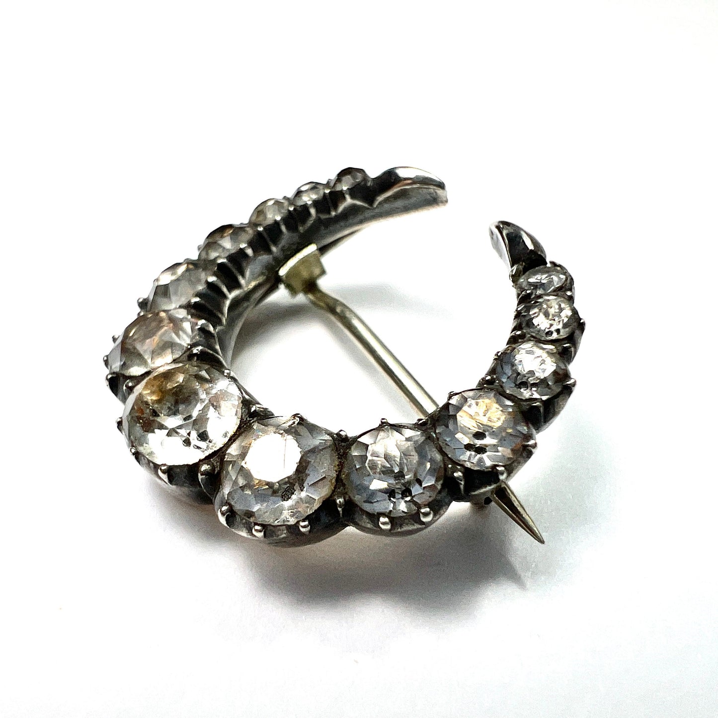 Georgian Silver Black Dot Paste Crescent Brooch