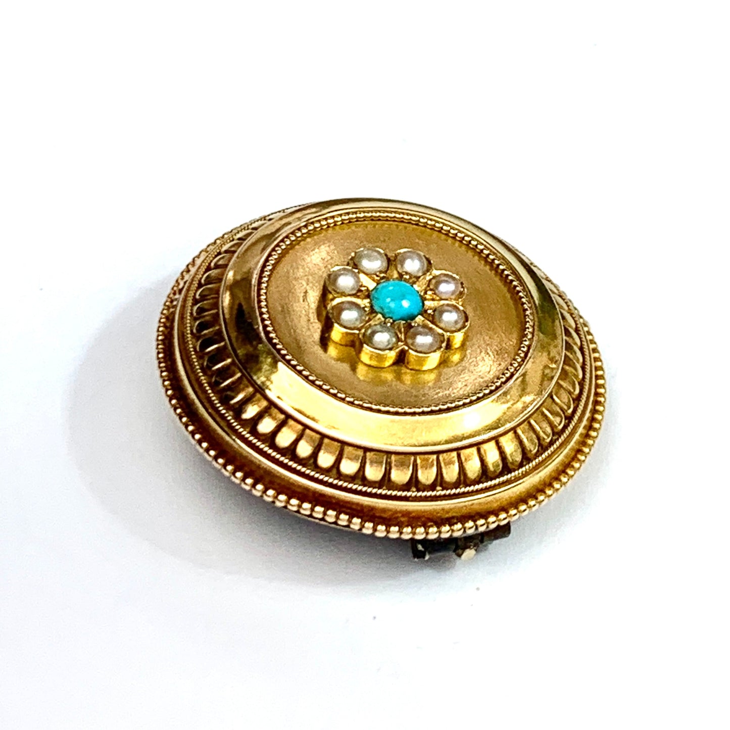 Victorian 15CT Gold Turquoise Pearl Locket Brooch Pendant