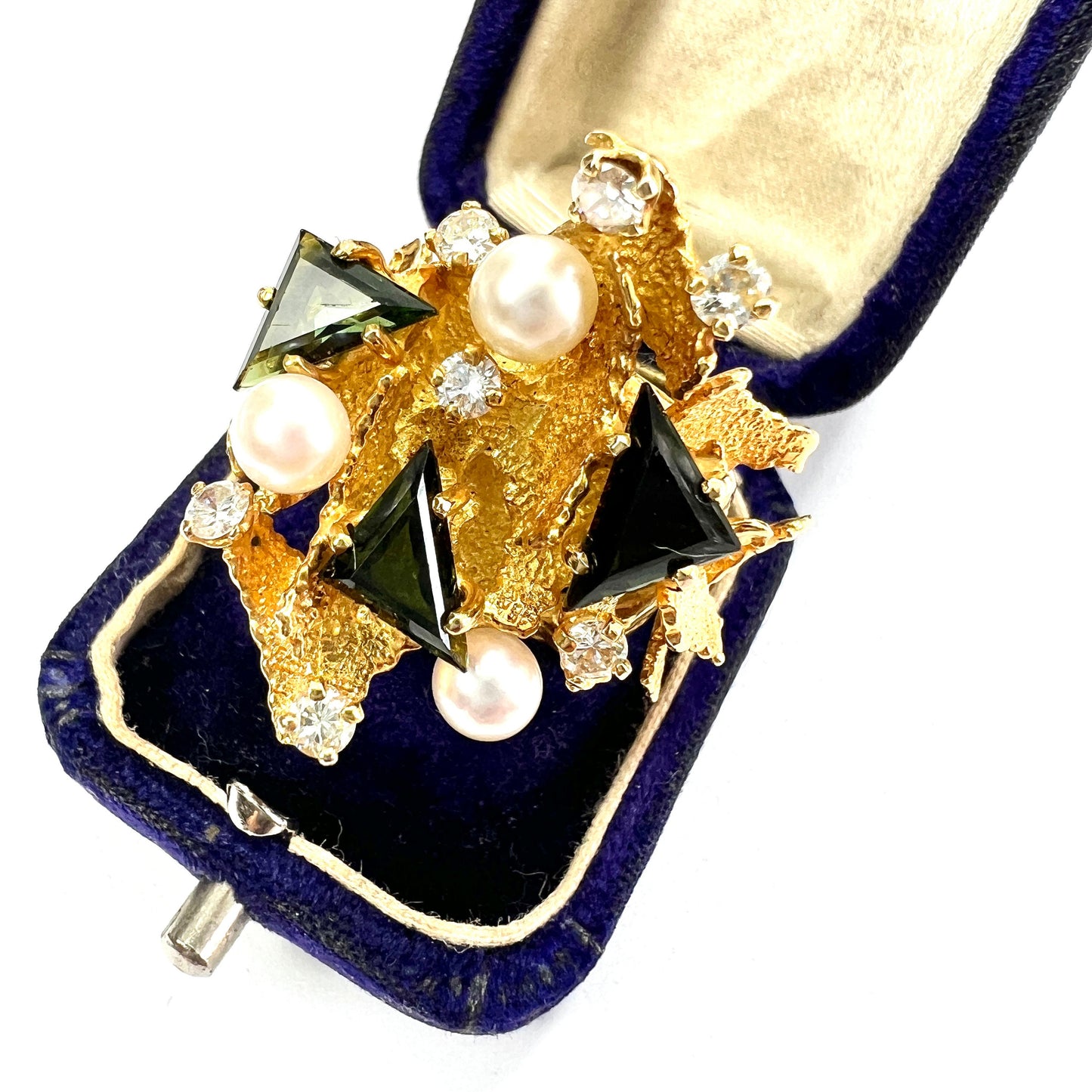 Huge Vintage 18CT Gold Diamond, Tourmaline and Pearl Modernist Cocktail Ring