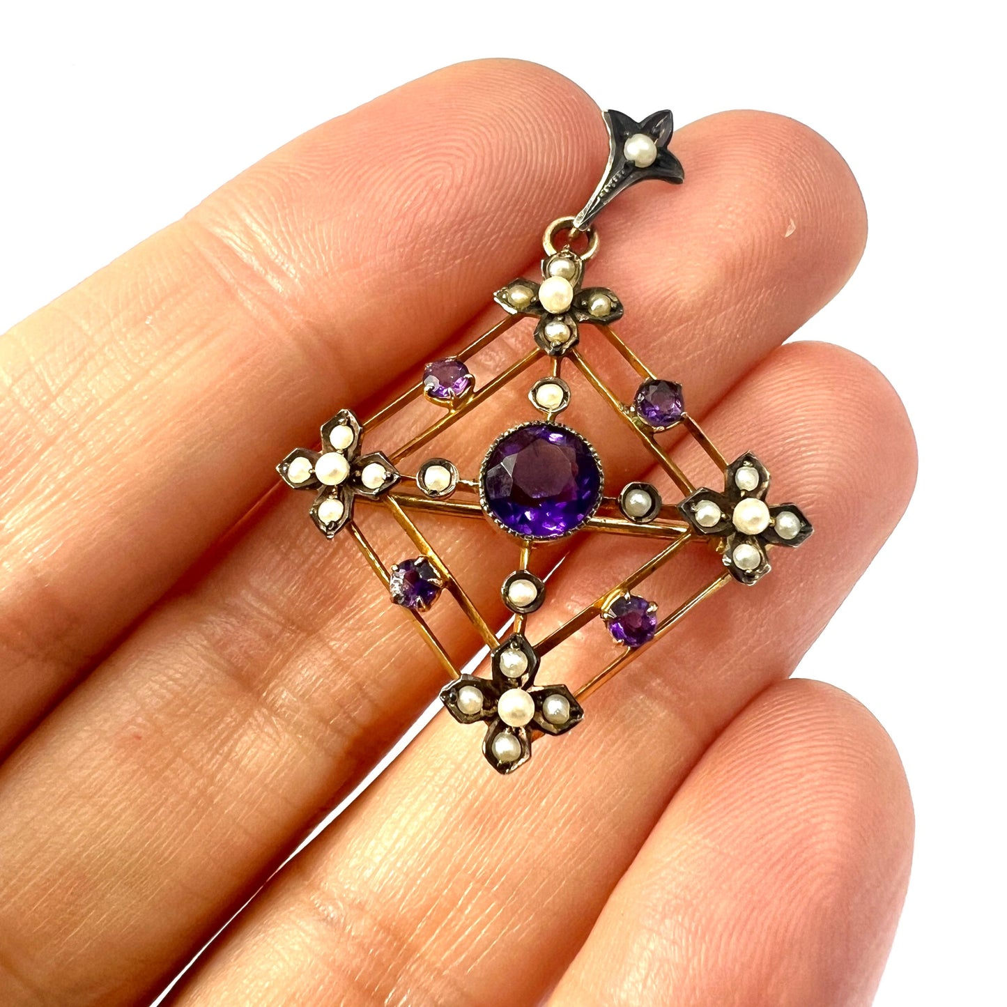 Edwardian 9CT Gold Amethyst Pearl Lavalier Pendant