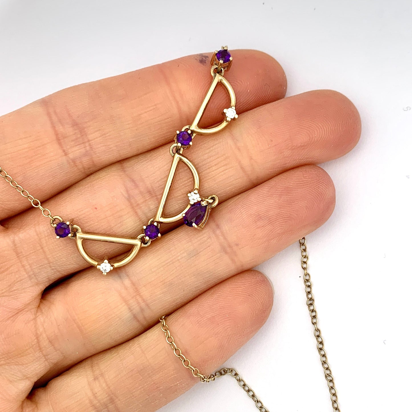 Vintage Amethyst and Diamond 9CT Gold Festoon Necklace