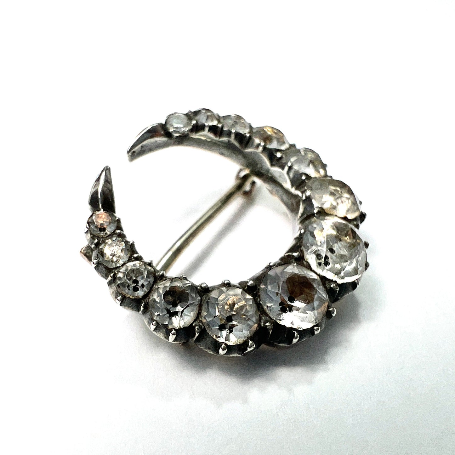 Georgian Silver Black Dot Paste Crescent Brooch