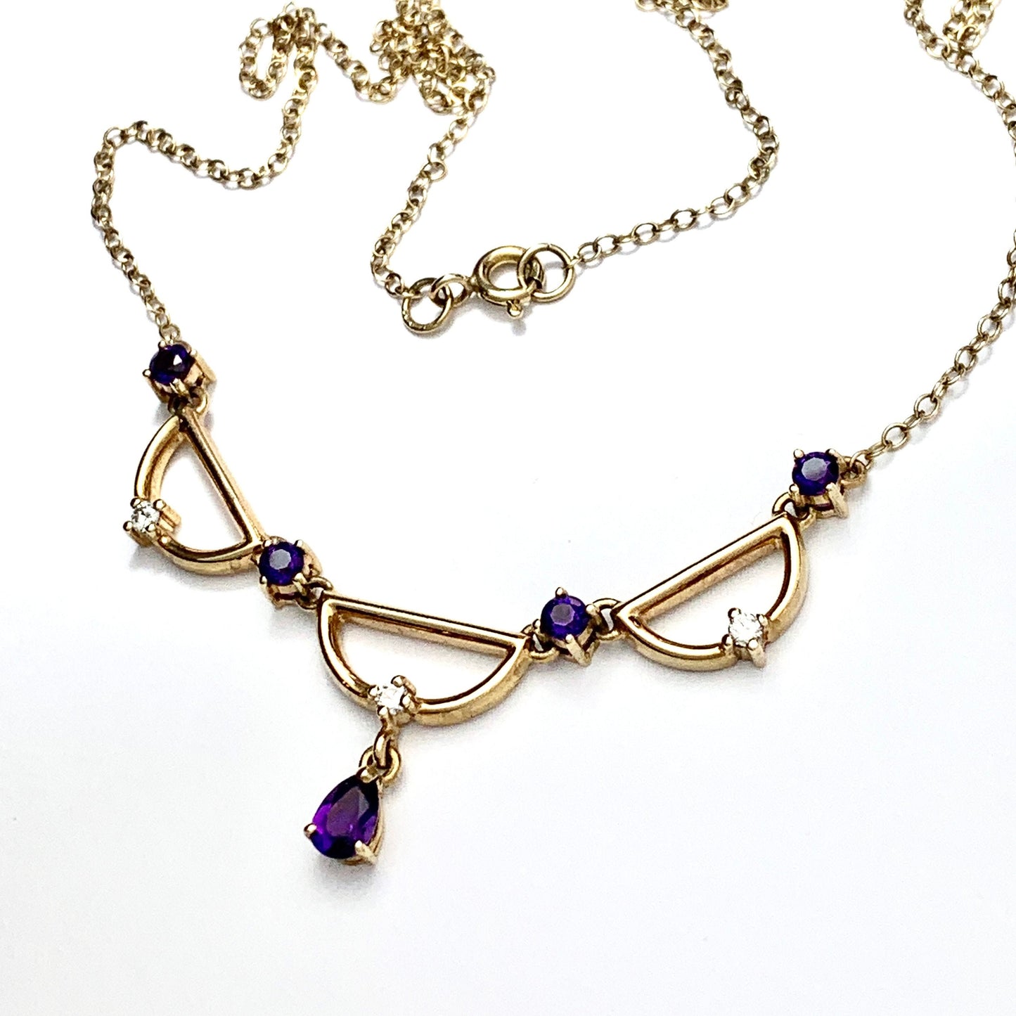 Vintage Amethyst and Diamond 9CT Gold Festoon Necklace
