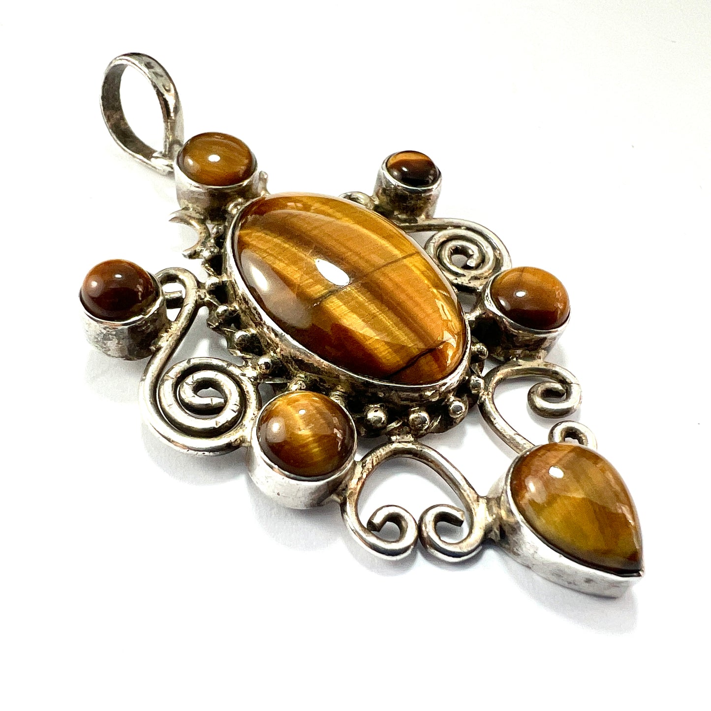 Large Vintage Tiger's Eye Modernist Sterling Silver Pendant