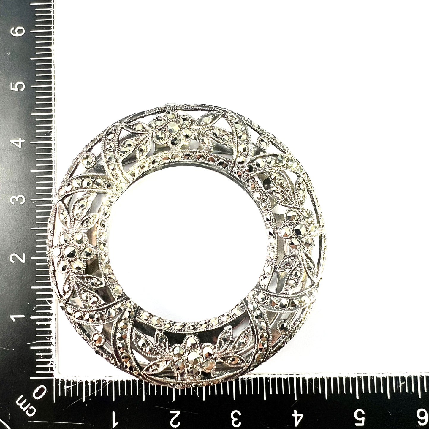 Large Art Deco Silver Circle Marcasite Dress Clip