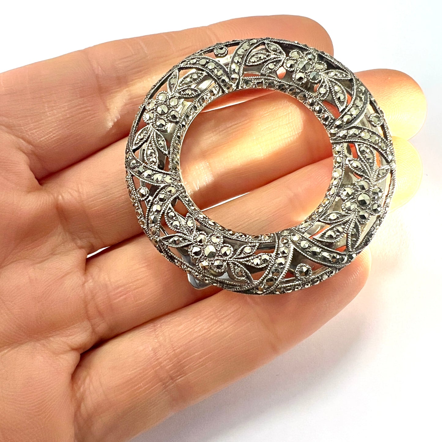 Large Art Deco Silver Circle Marcasite Dress Clip