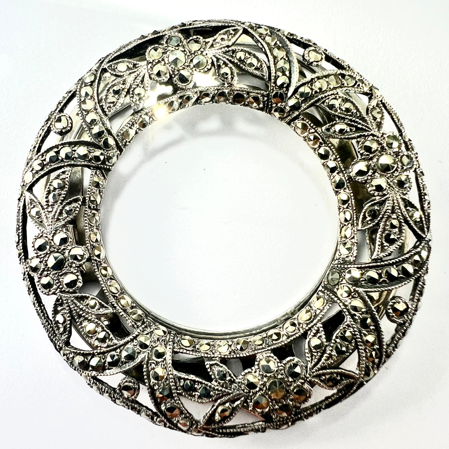 Large Art Deco Silver Circle Marcasite Dress Clip
