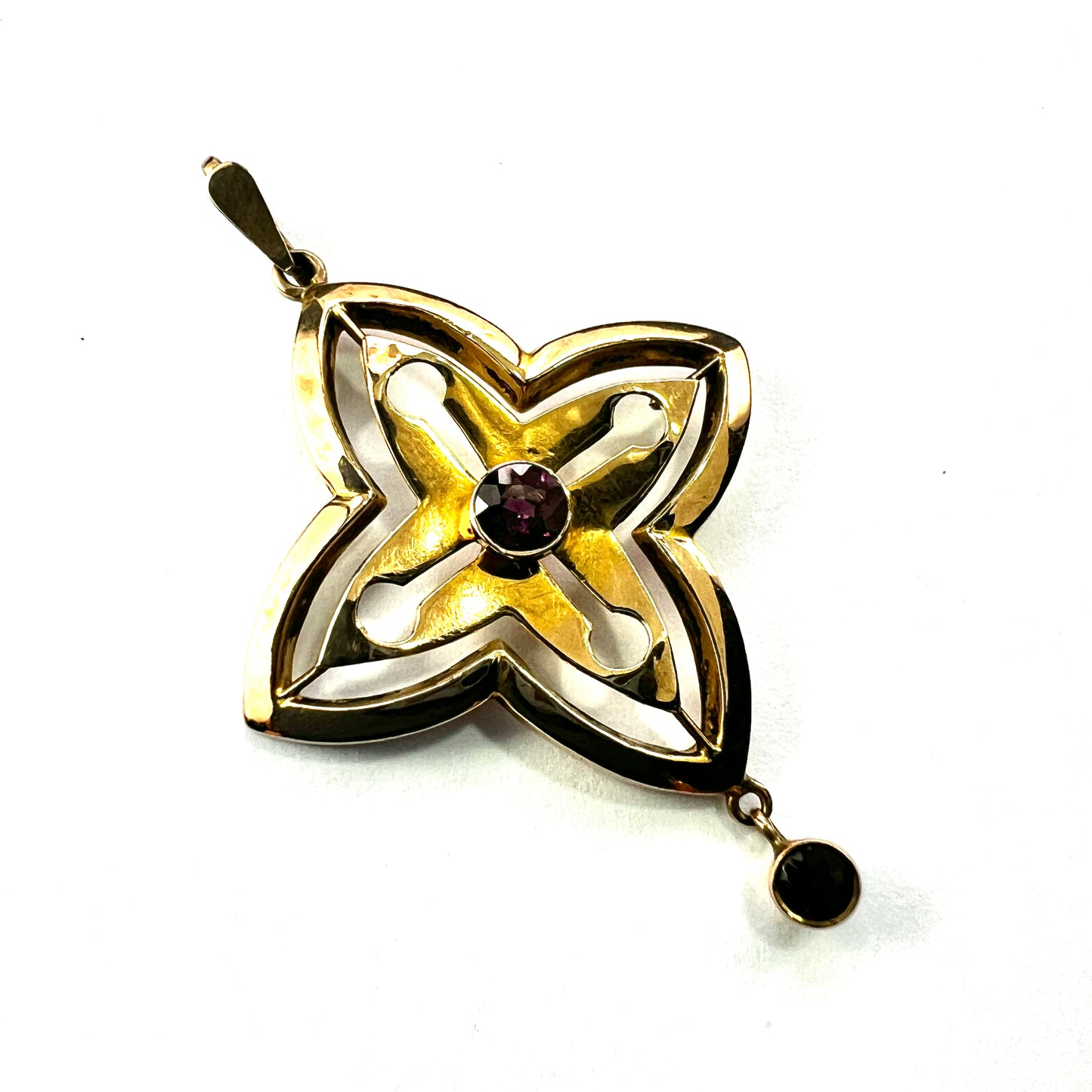 Edwardian 9CT Gold Art Nouveau Garnet Drop Pendant