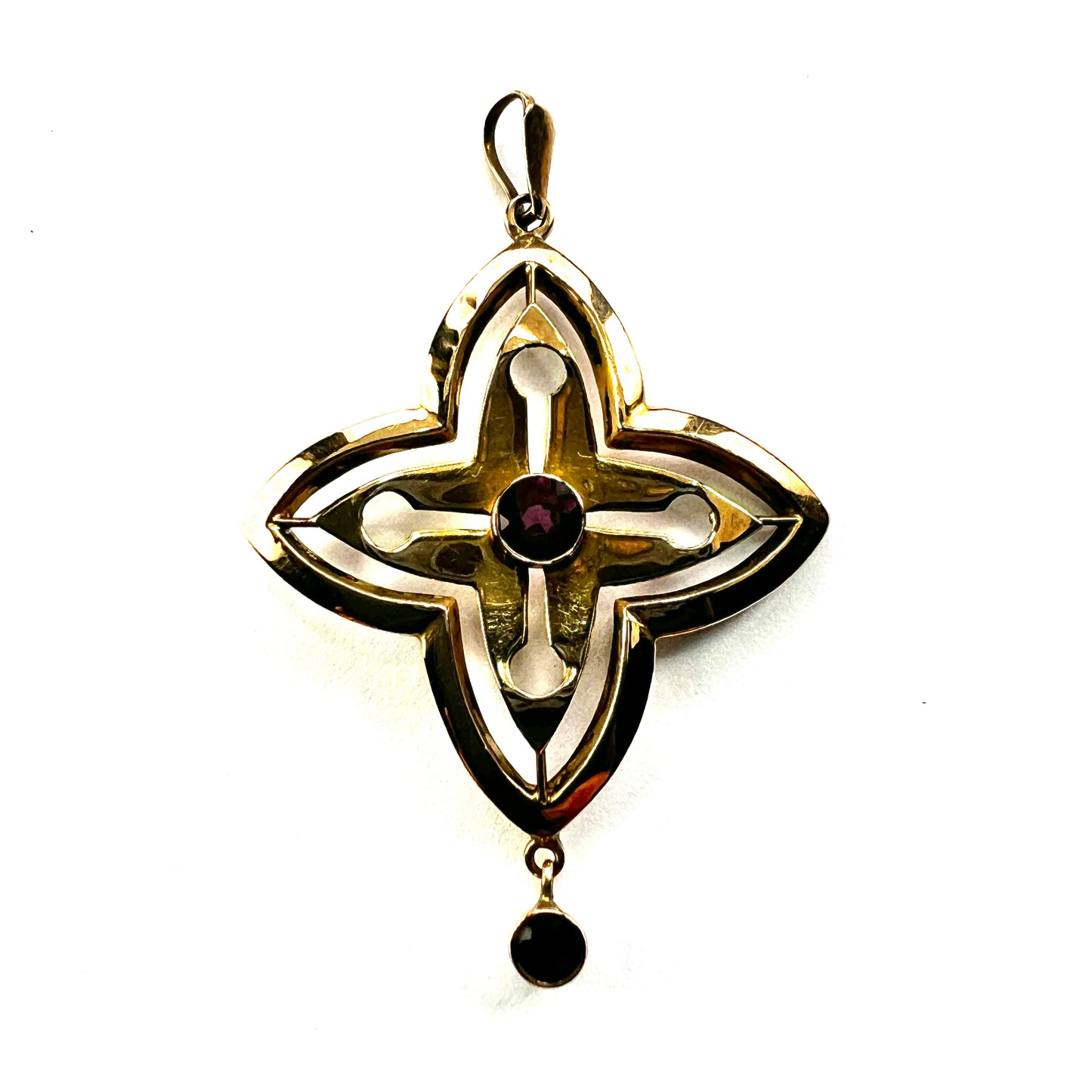 Edwardian 9CT Gold Art Nouveau Garnet Drop Pendant