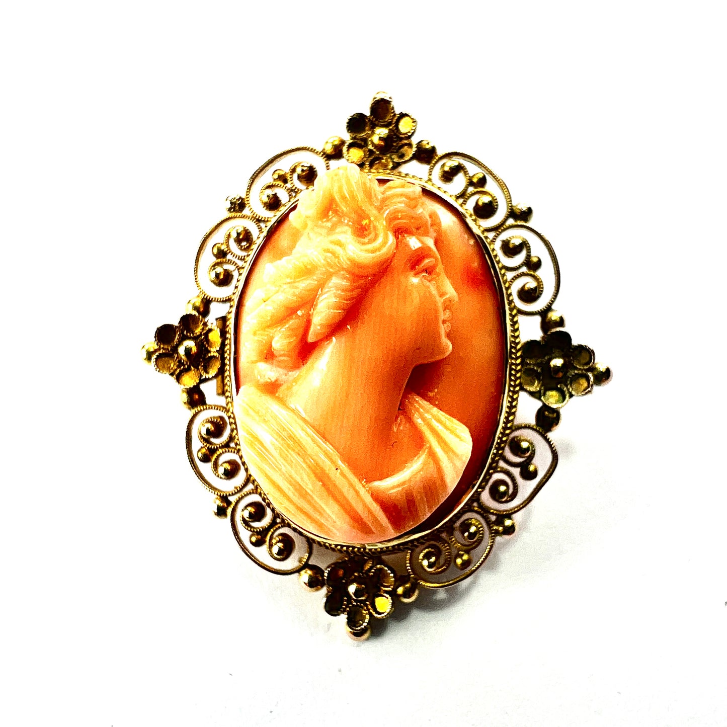 Victorian 12CT Gold Filigree Coral Cameo Brooch