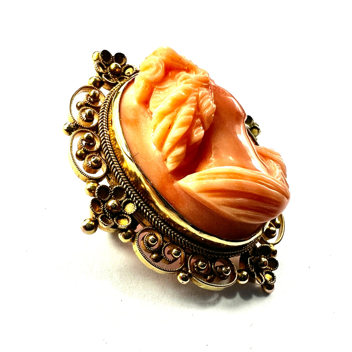 Victorian 12CT Gold Filigree Coral Cameo Brooch