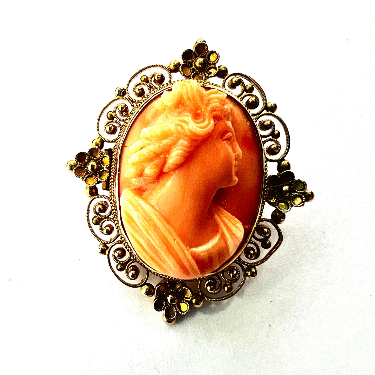 Victorian 12CT Gold Filigree Coral Cameo Brooch