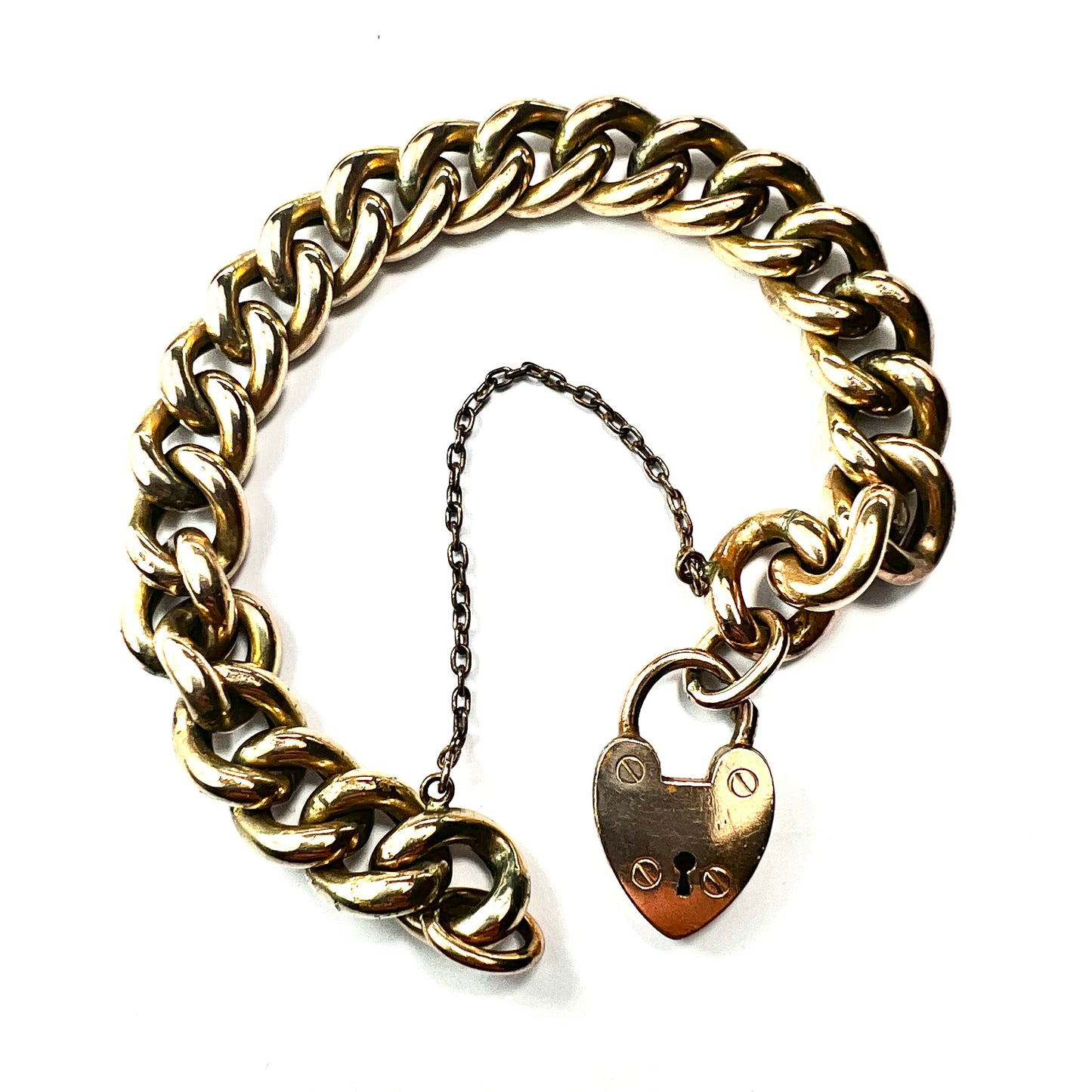 Antique 18CT Rolled Gold Curb Chain Bracelet with Heart Padlock