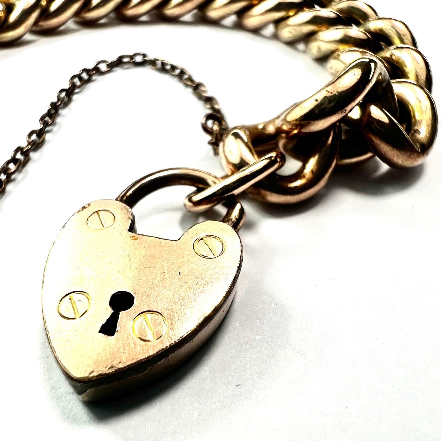 Antique 18CT Rolled Gold Curb Chain Bracelet with Heart Padlock