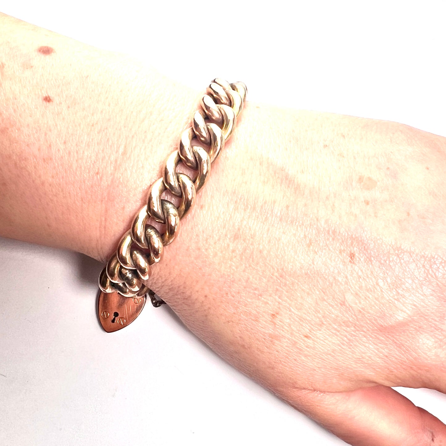 Antique 18CT Rolled Gold Curb Chain Bracelet with Heart Padlock